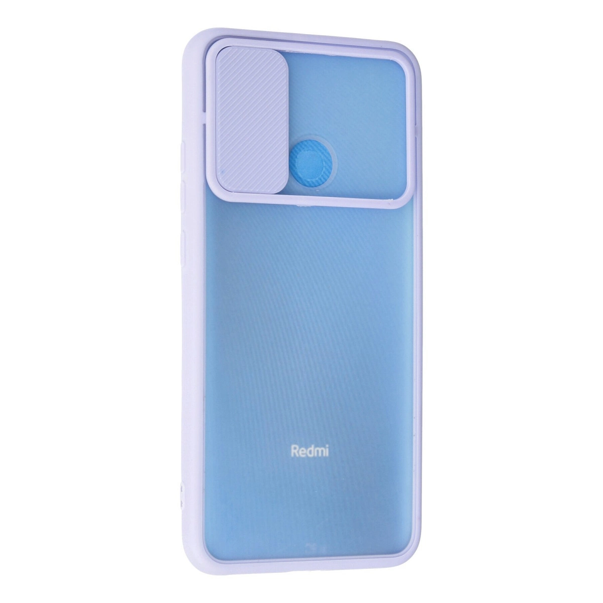 Mor çerçeveli ve sürgülü kamera kapaklı mavi Redmi akıllı telefon kılıfı.