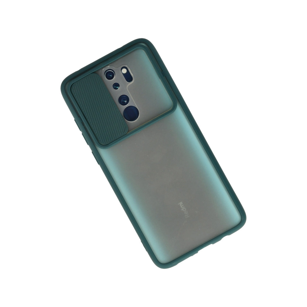 Beyaz arka planda kamera sürgülü kapağı olan yeşil Redmi akıllı telefon.
