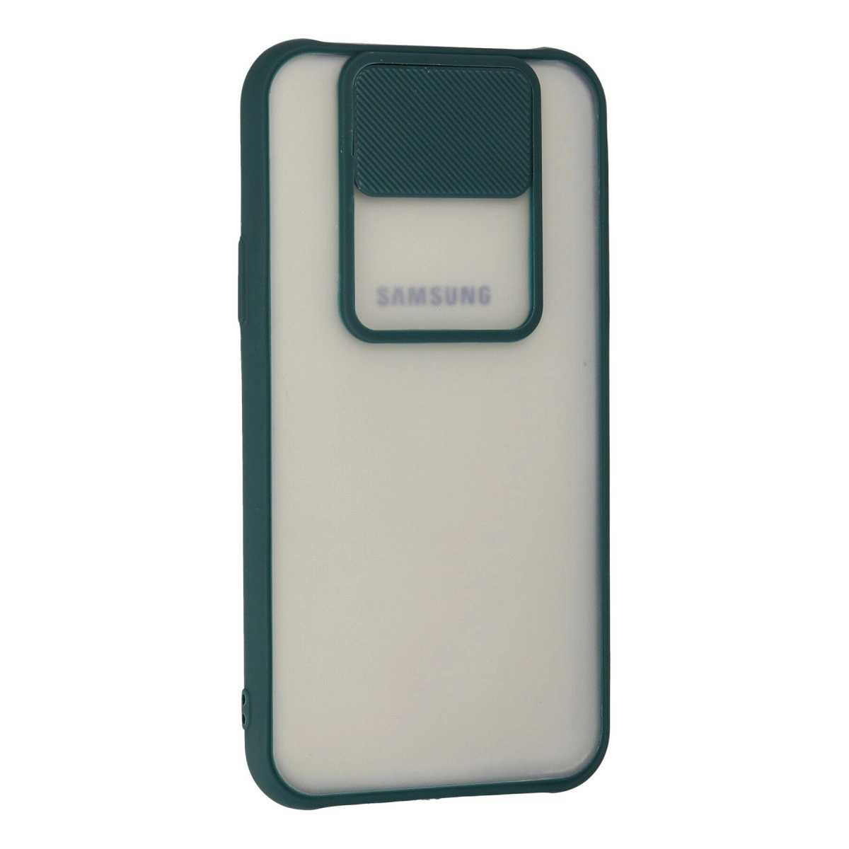 Koyu yeşil renkli, sürgülü kamera kapaklı ve Samsung logolu yarı saydam telefon kılıfı beyaz arka planda.