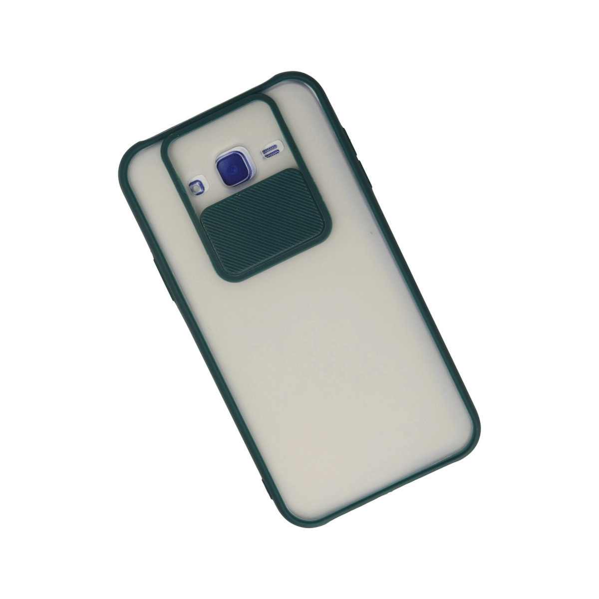 Yeşil kenarlı ve kayar kamera kapaklı şeffaf telefon kılıfı.