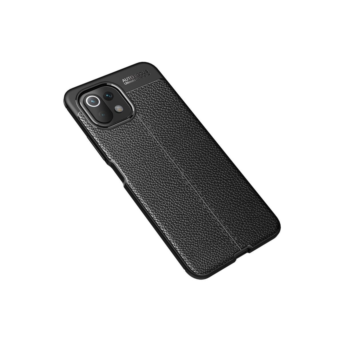 Beyaz arka planda deri dokulu ve kamera kesikli siyah akıllı telefon kılıfı.