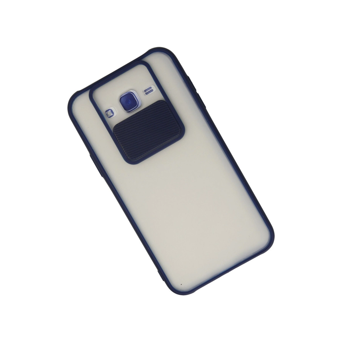 Beyaz arka planda mavi çerçeveli ve kamera kesikli şeffaf koruyucu kılıf içinde akıllı telefon.