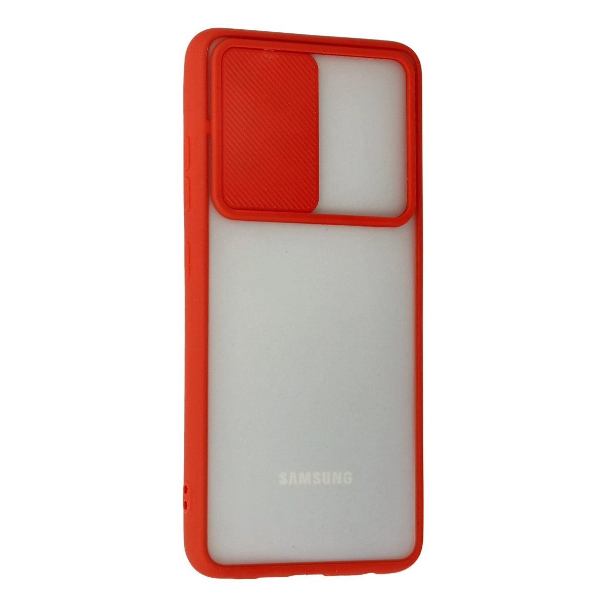 Mat arka yüzeyli ve kayar kamera kapaklı kırmızı Samsung telefon kılıfı.