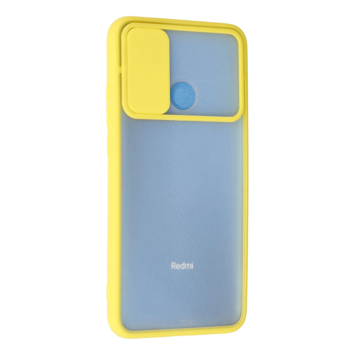 Beyaz arka planda sarı koruyucu kılıf ve kayar kamera kapaklı mavi bir Redmi telefon.