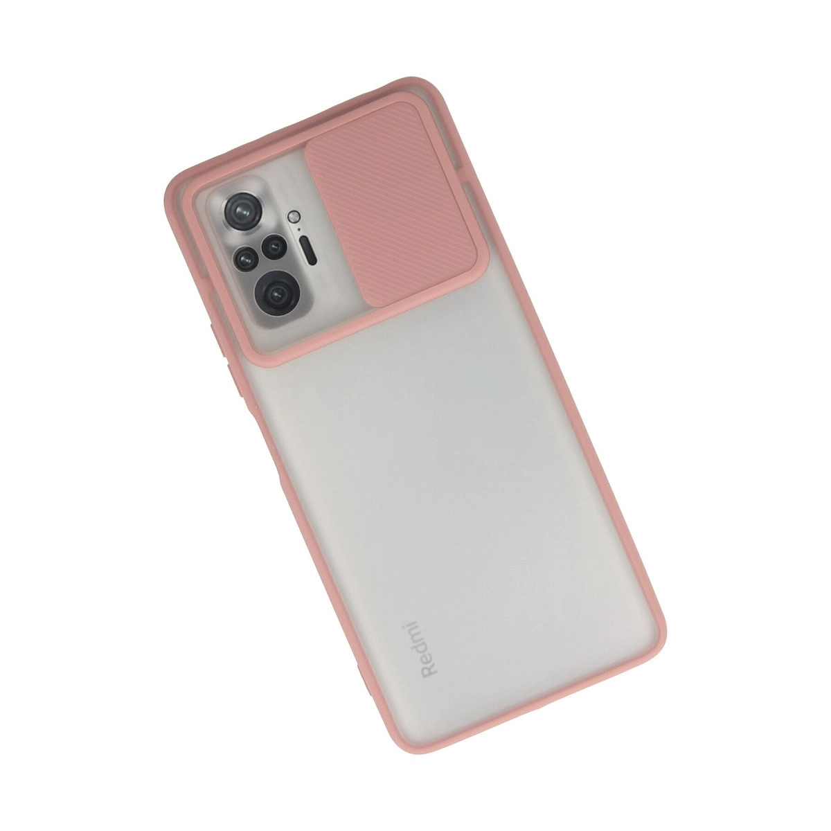 Mat yarı saydam kapaklı ve pembe çerçeveli bir Redmi akıllı telefon.