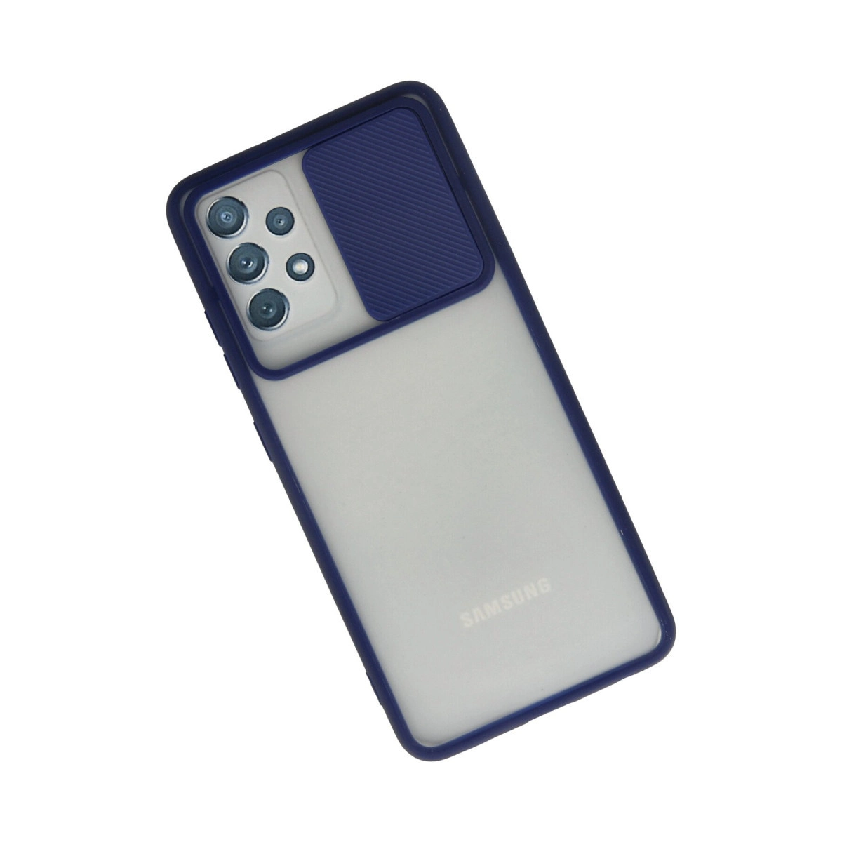 Sürgülü kamera kapaklı ve mat arka yüzeyli mavi akıllı telefon kılıfı.