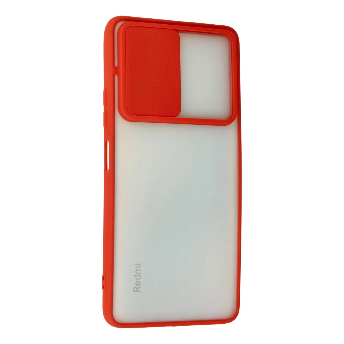 Beyaz arka planda kayar kamera kapaklı Xiaomi Redmi için kırmızı koruyucu kılıf.