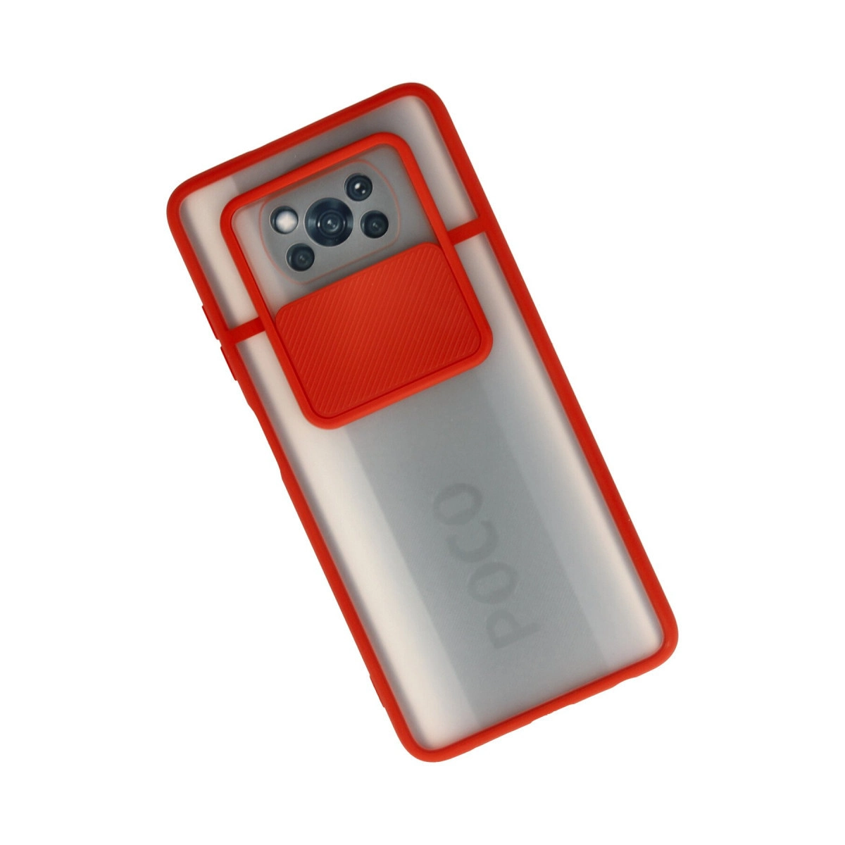 Kırmızı çerçeveli ve kamera kapaklı mat kılıflı bir akıllı telefon.