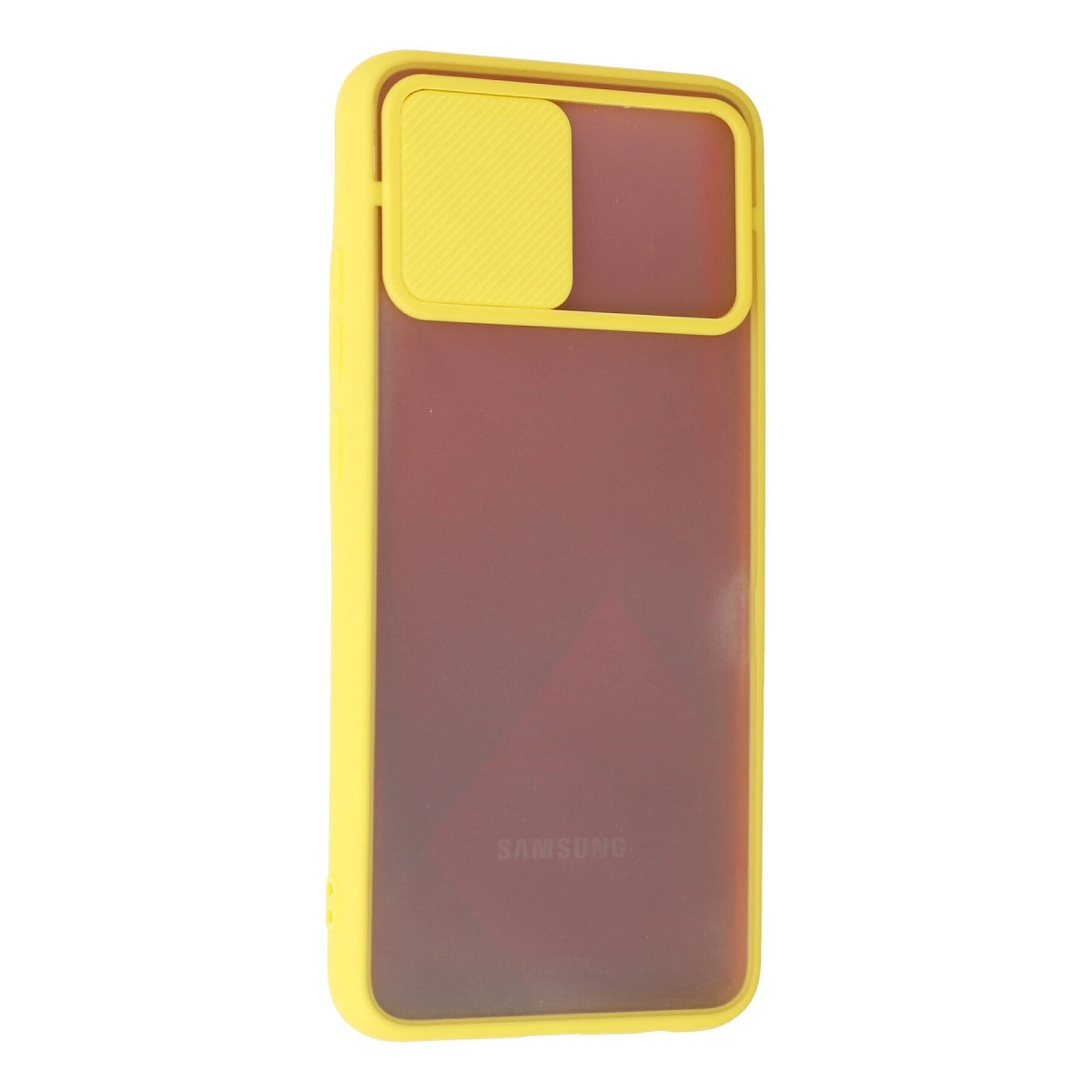 Beyaz arka planda kırmızı arka kısma ve kayar kamera kapağına sahip sarı telefon kılıfı.