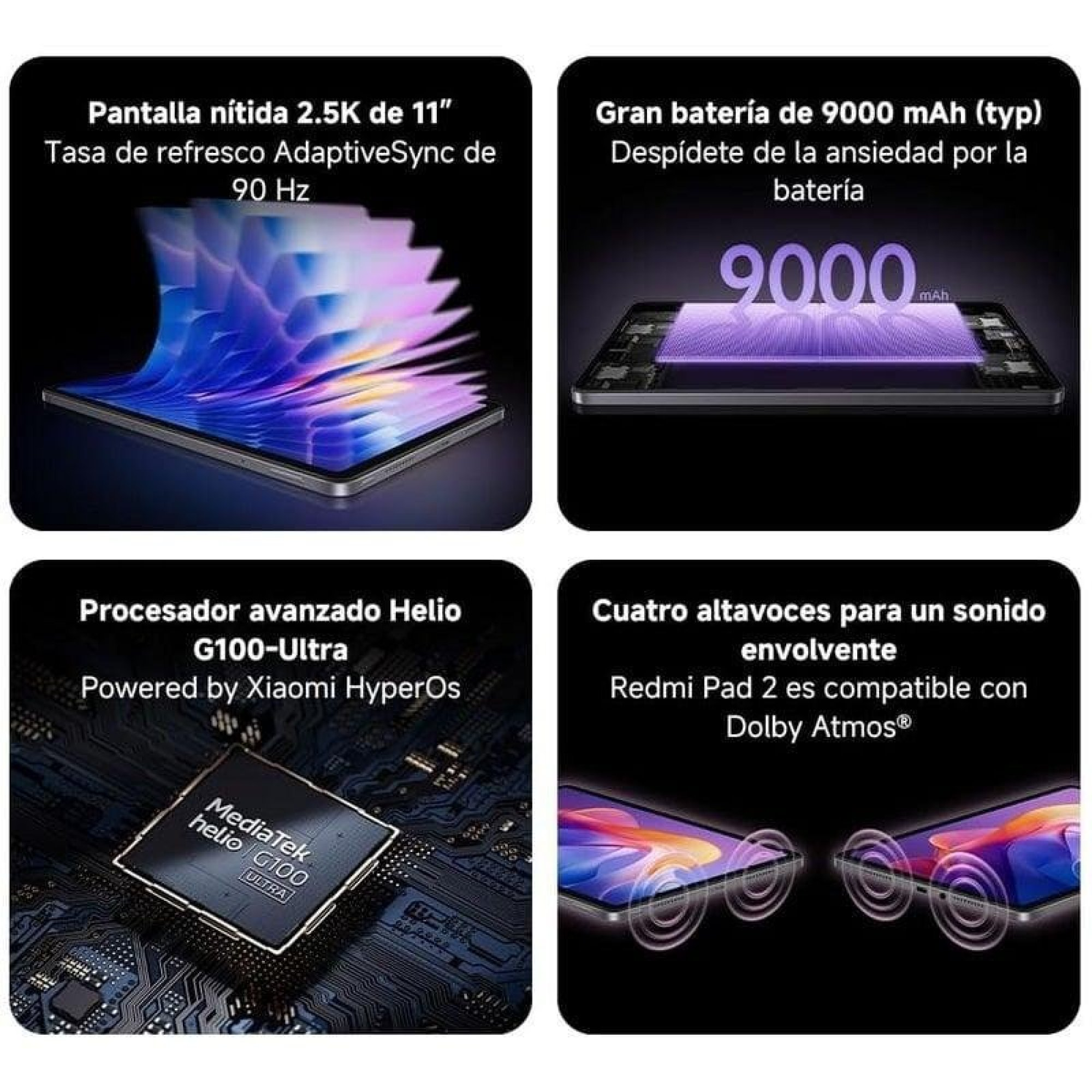 Cztery karty produktów Redmi Pad 2 ze szczegółami ekranu, baterii, procesora i dźwięku.