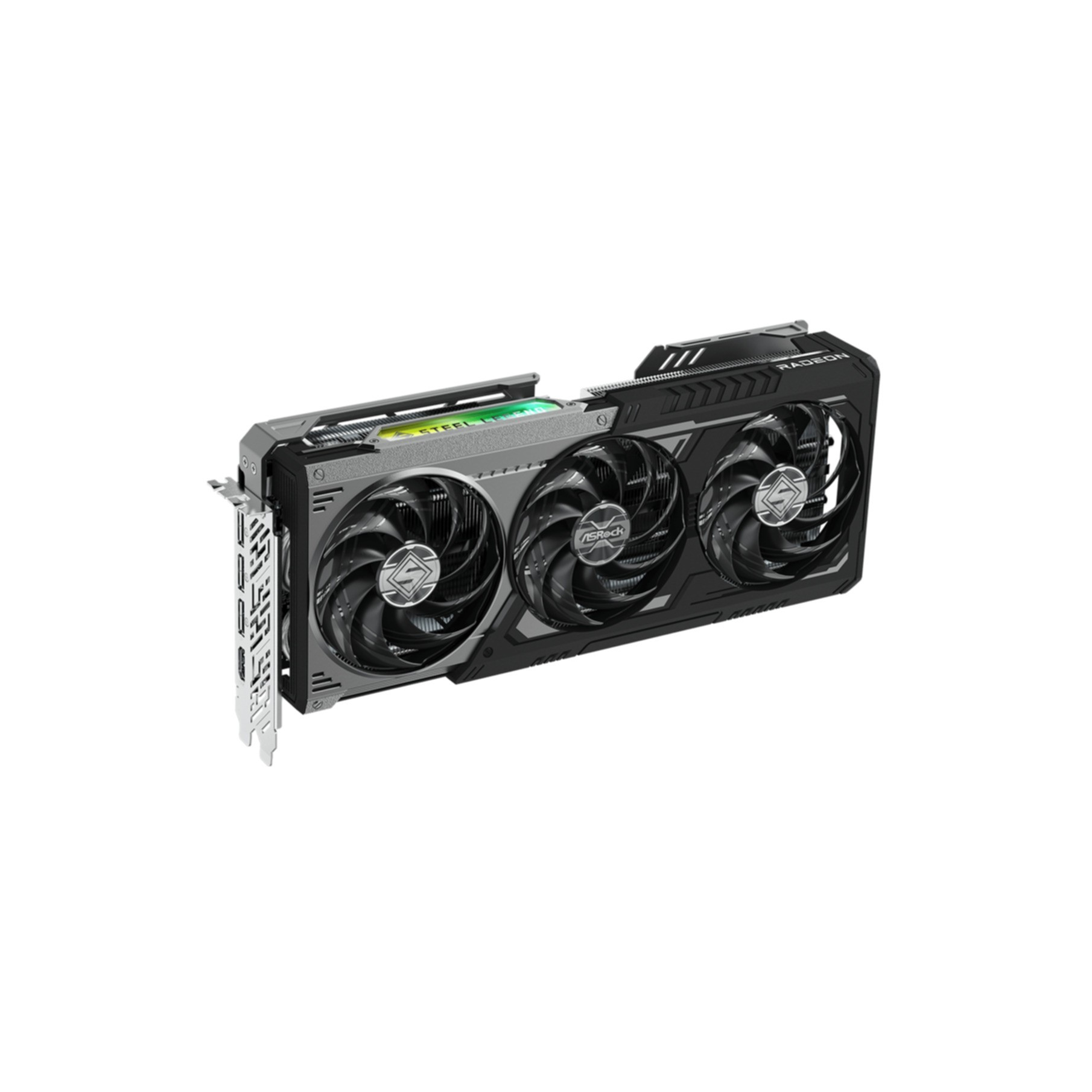 Czarno-szara karta graficzna ASRock Radeon z trzema wentylatorami i podświetlanym logo.