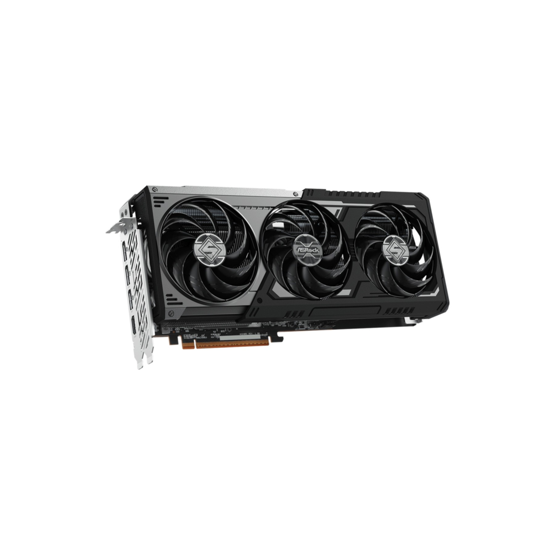 Czarna karta graficzna ASRock z trzema wentylatorami i metalowym wspornikiem.