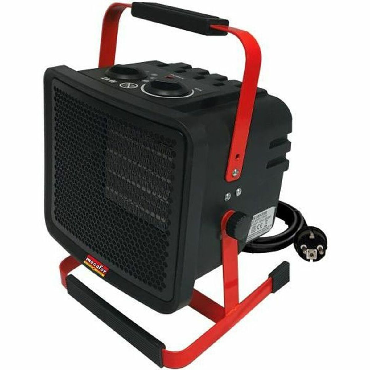 Un termoventilatore elettrico nero con supporto e maniglia in metallo rosso, griglia frontale e cavo.
