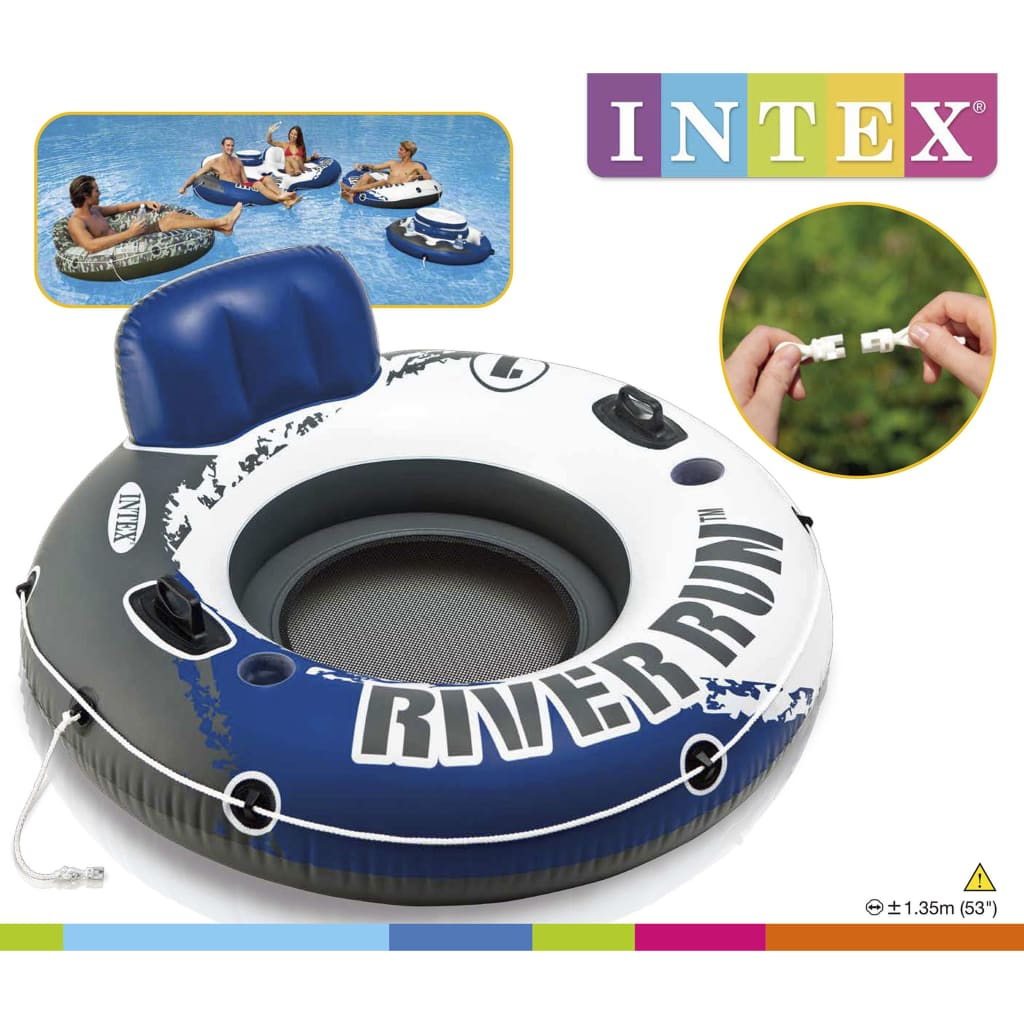 Ein blauer und weißer Intex River Run Schwimmring mit Rückenlehne und Netzboden, gezeigt mit Insets.