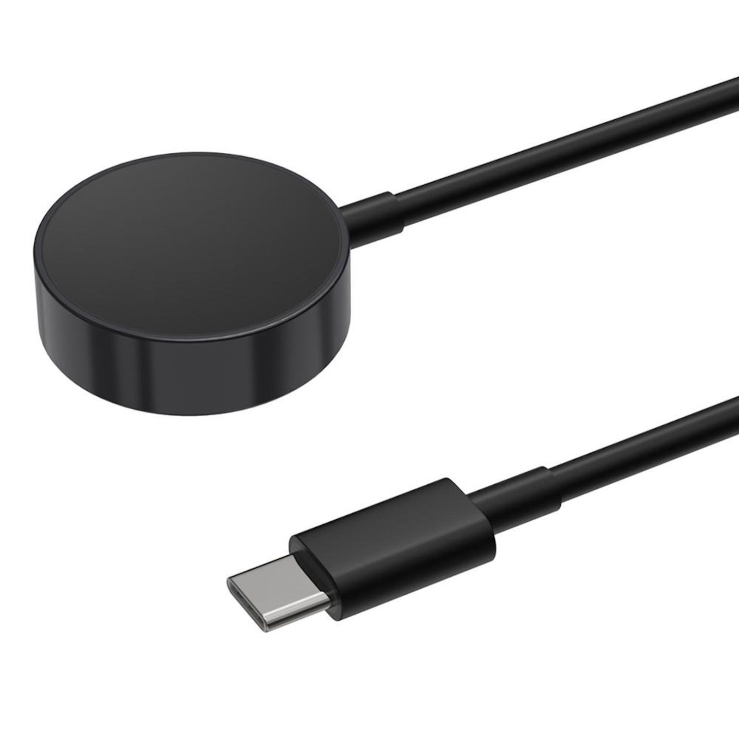 Ein schwarzes USB-C-Ladekabel mit einem runden magnetischen Lade-Puck auf weißem Hintergrund.