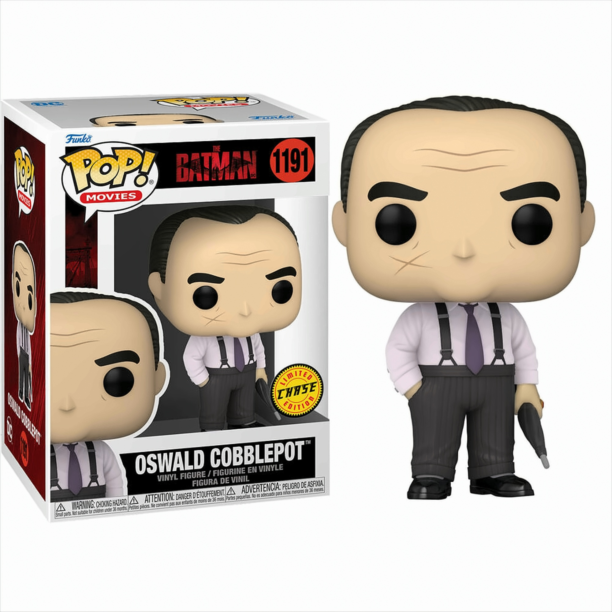 Action figure in vinile Funko Pop di Oswald Cobblepot da The Batman con scatola.