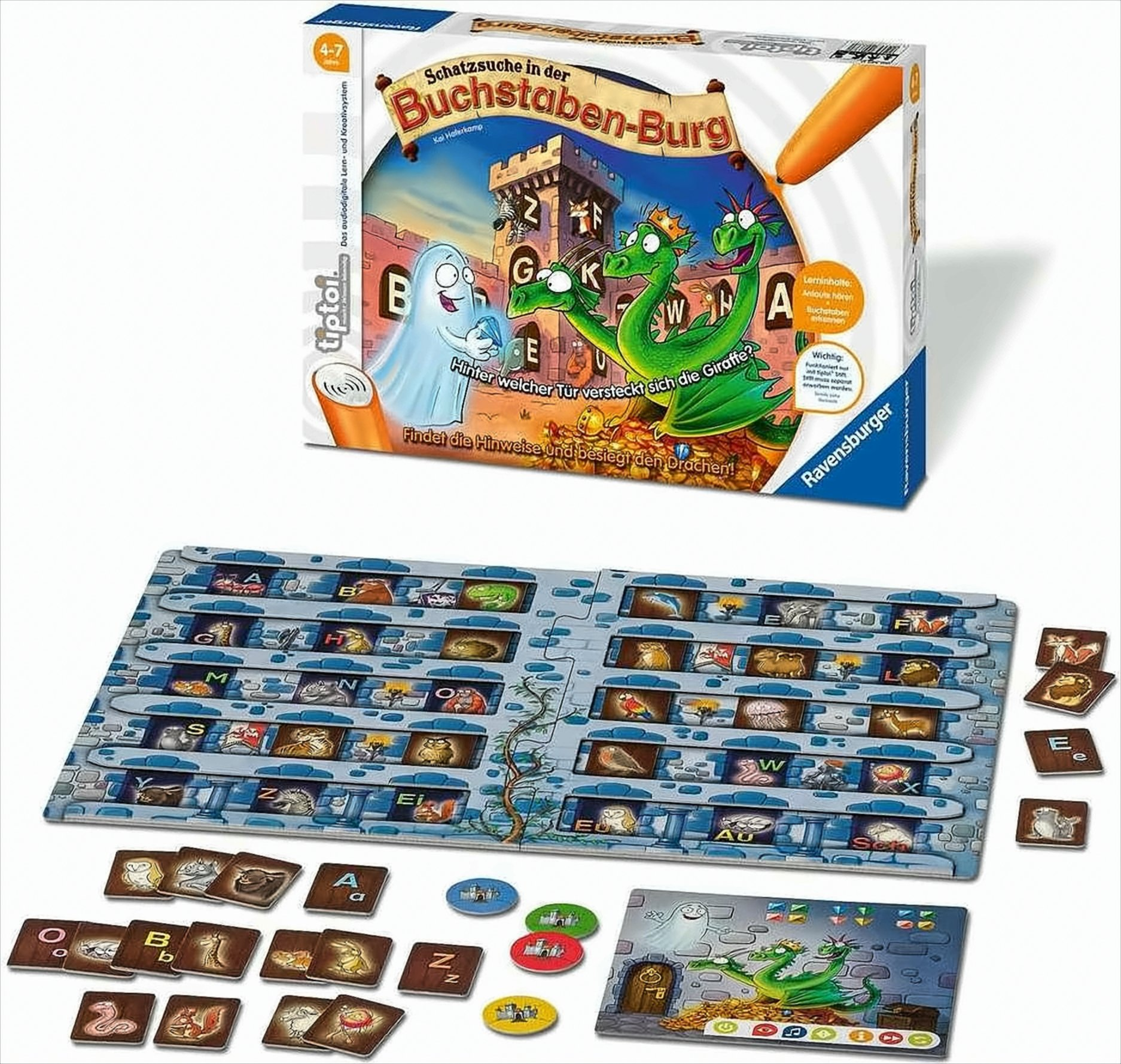 Ravensburger Tiptoi Spiel "Schatzsuche in der Buchstaben-Burg" mit Spielbrett, Karten und Figuren.