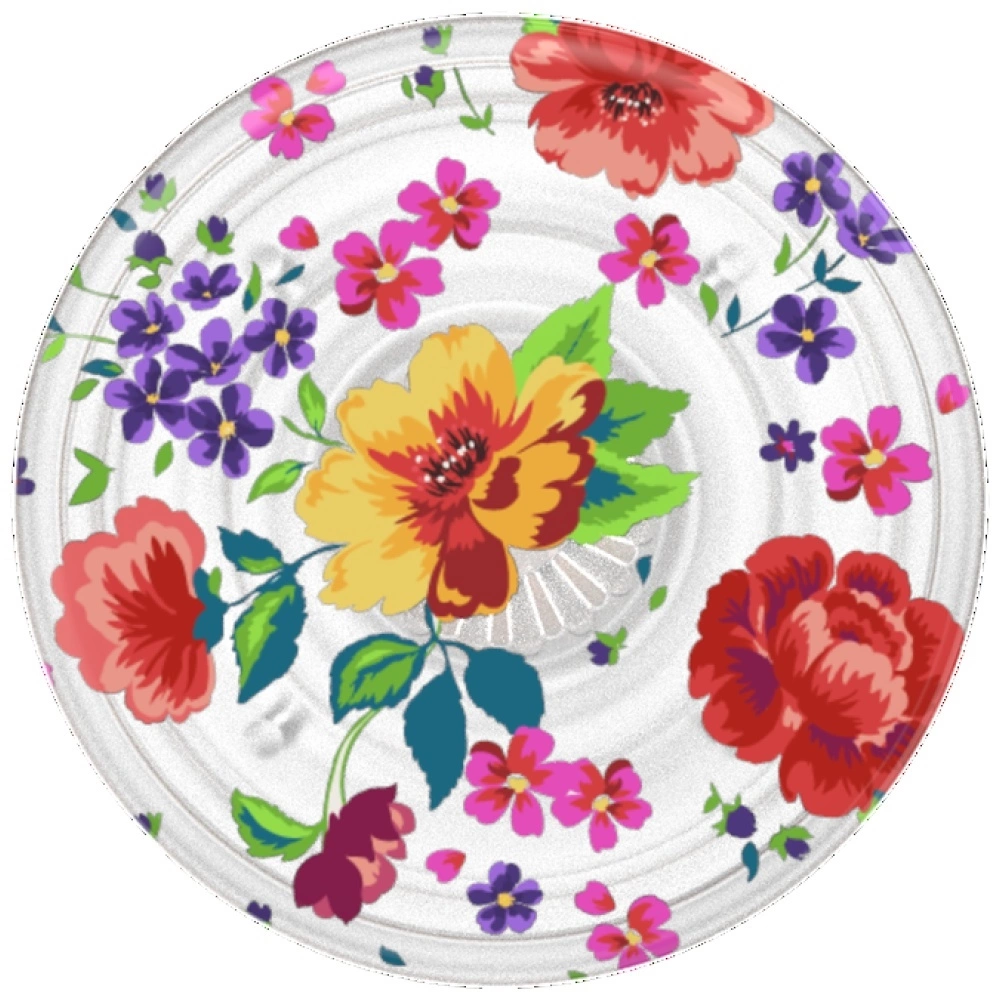 Runde weiße Oberfläche mit einem Muster aus bunten Blumen wie roten, gelben und lila Blüten.