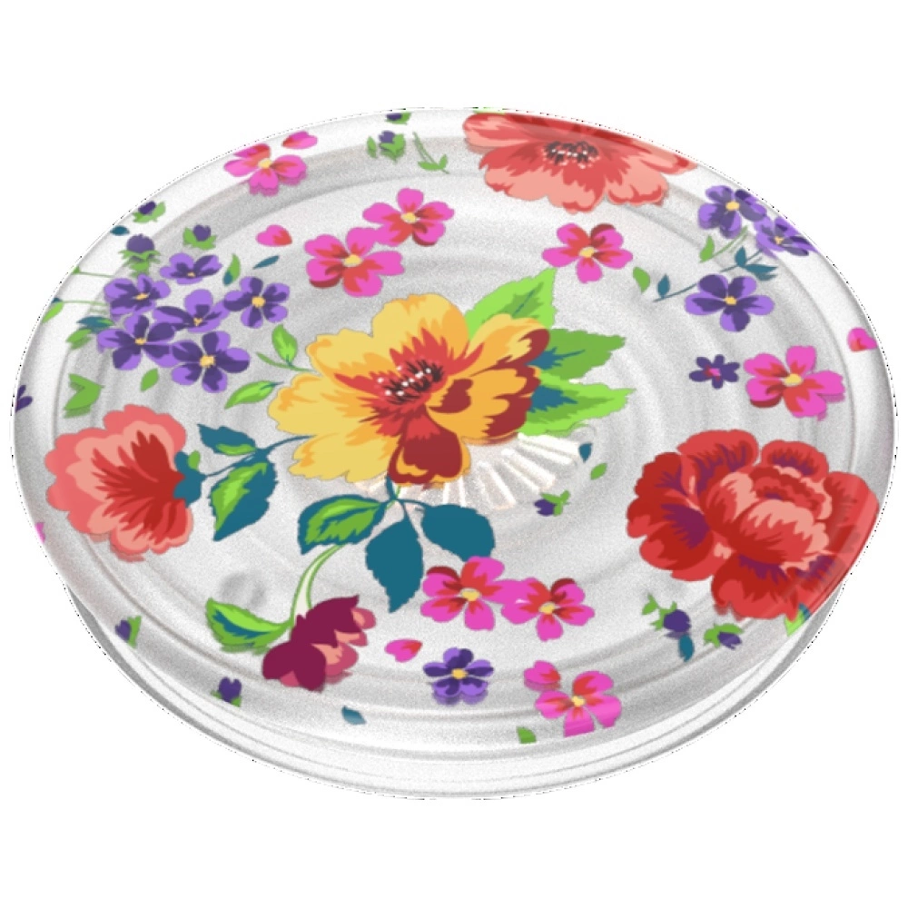 Eine runde weiße Abdeckung mit einem bunten Muster aus großen roten, gelben und kleinen violetten Blumen.
