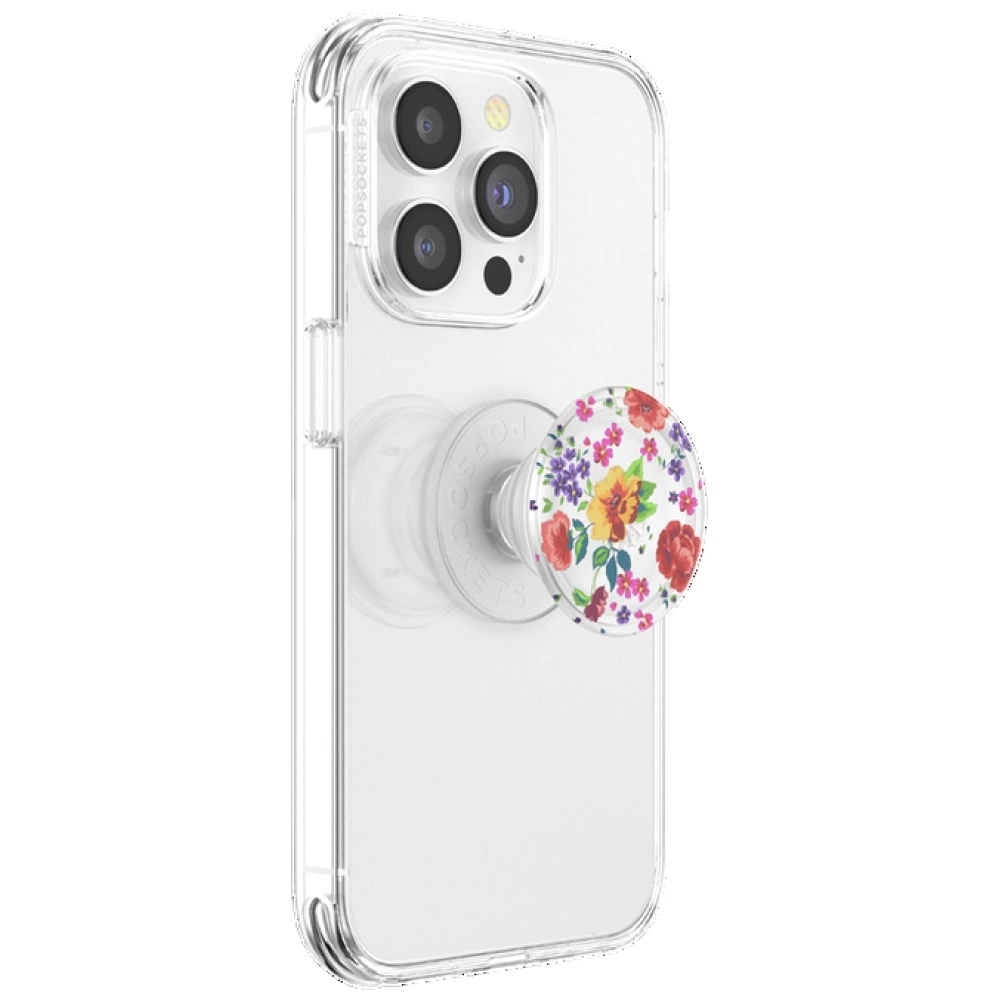 Eine transparente Smartphone-Hülle mit Dreifach-Kamera und einem floralen PopSocket auf der Rückseite.