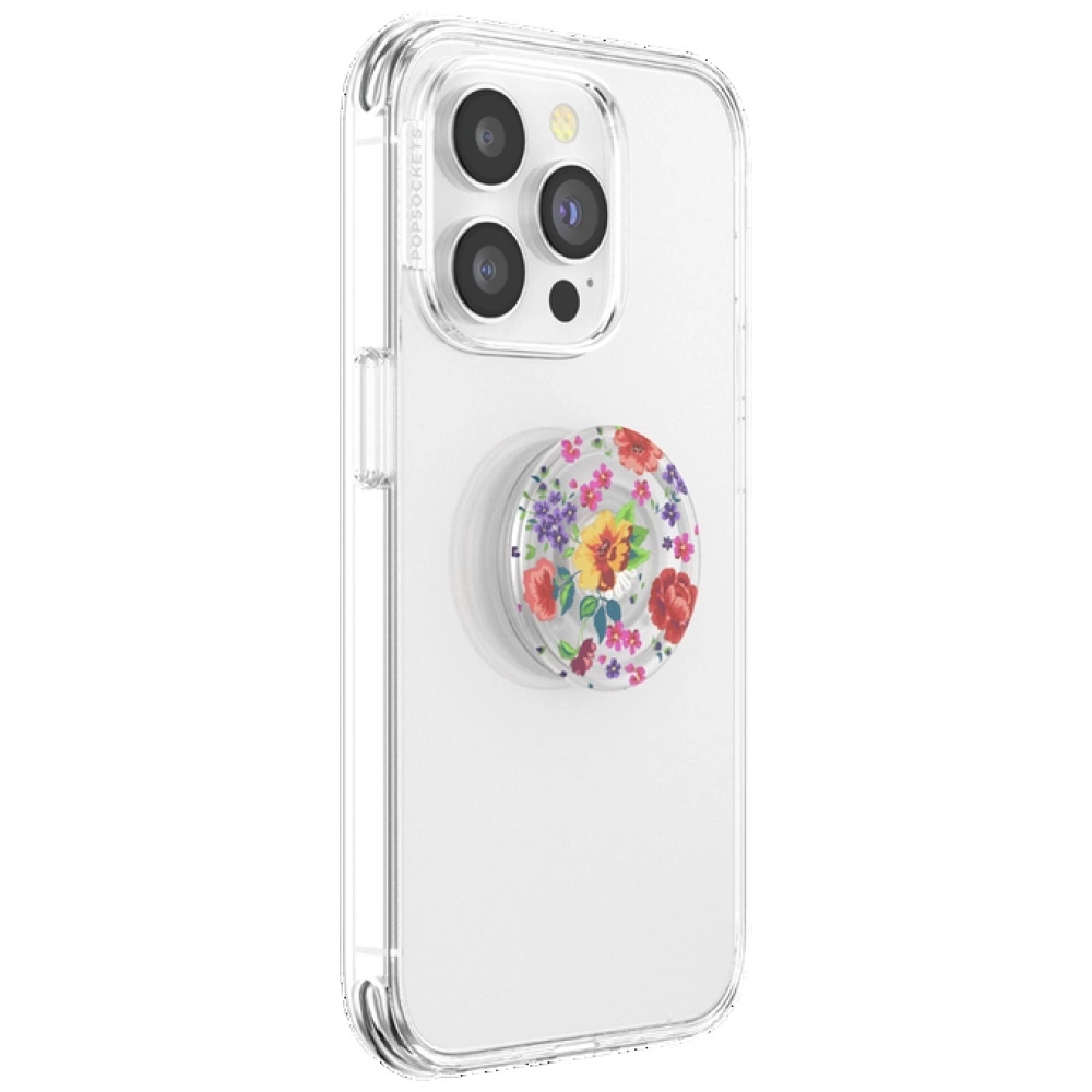 Ein klares Smartphone-Case mit einem runden bunten Blumen-Grip auf der Rückseite.