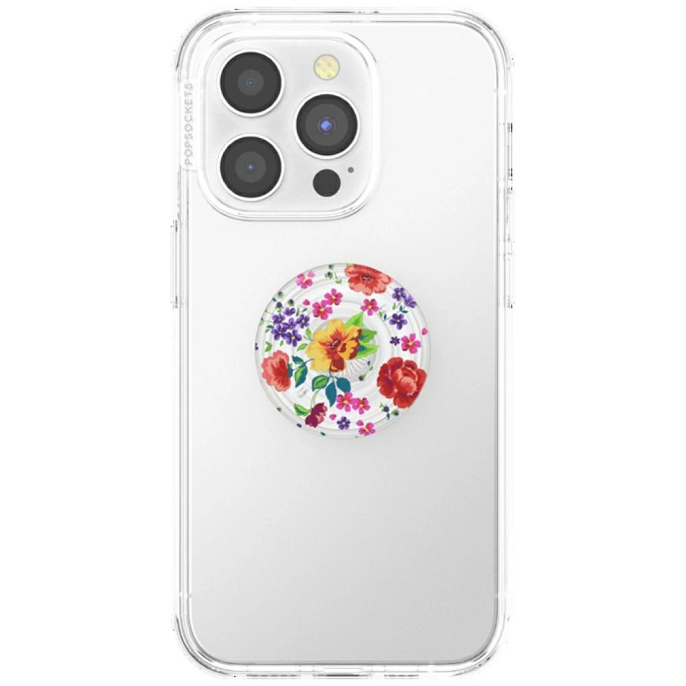 Eine durchsichtige Handyhülle mit einer bunten, floralen PopSocket-Halterung auf der Rückseite.