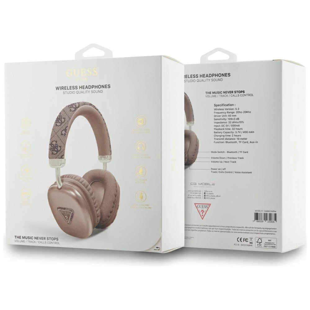 Deux boîtes de casques sans fil Guess blanches affichent l'image et les spécifications.