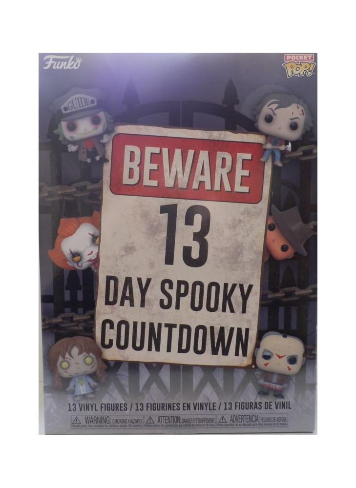 Funko Pocket Pop Grusel-Countdown-Box mit verkleideten Figuren und einem Hinweisschild mit der Aufschrift 13.