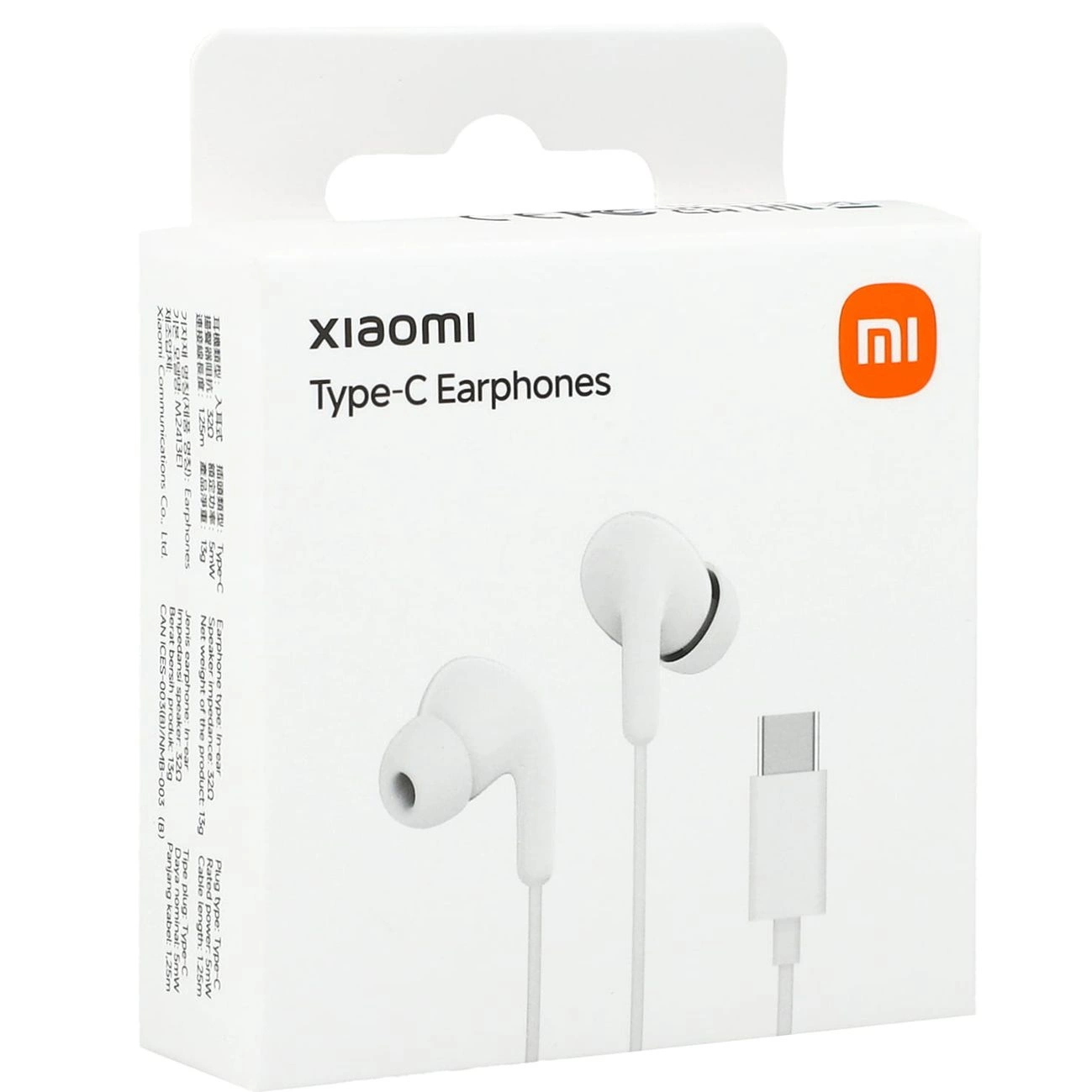 Auricolari bianchi Xiaomi Type-C in confezione bianca con logo arancione.