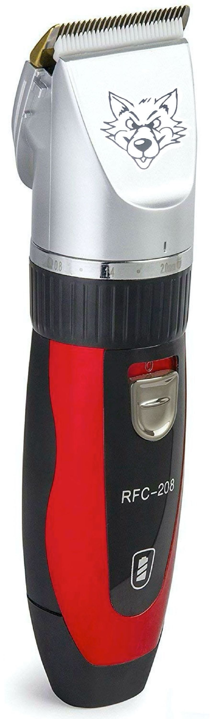 Rot-schwarzer Haarschneider mit silbernem Kopf, Wolf-Logo und Modellnummer RFC-208 auf weißem Hintergrund.