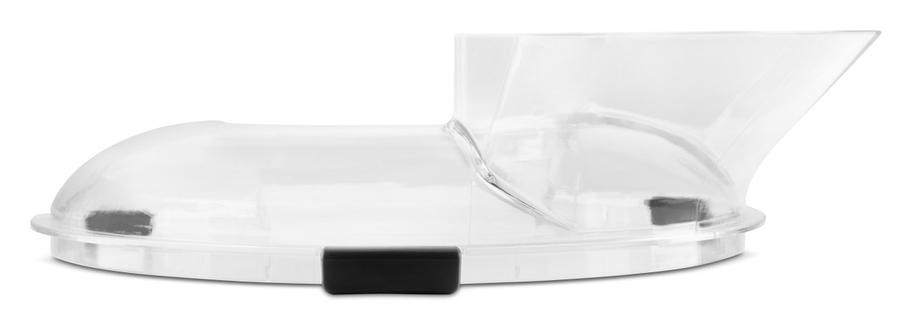 Transparente Kunststoffabdeckung mit schwarzem Griff auf weißem Hintergrund.
