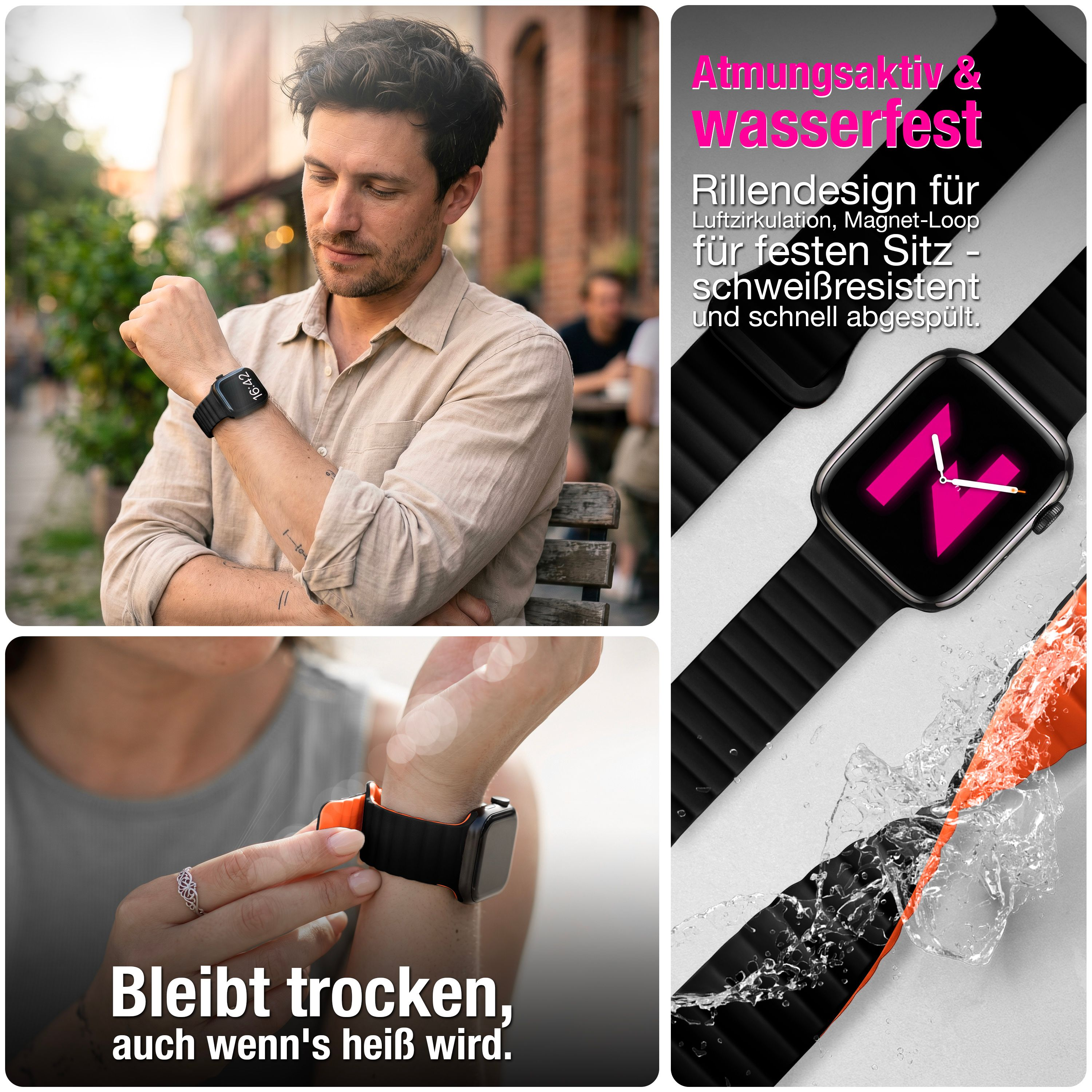 Moderne schwarze Smartwatch mit atmungsaktivem, wasserfestem Armband und Text.