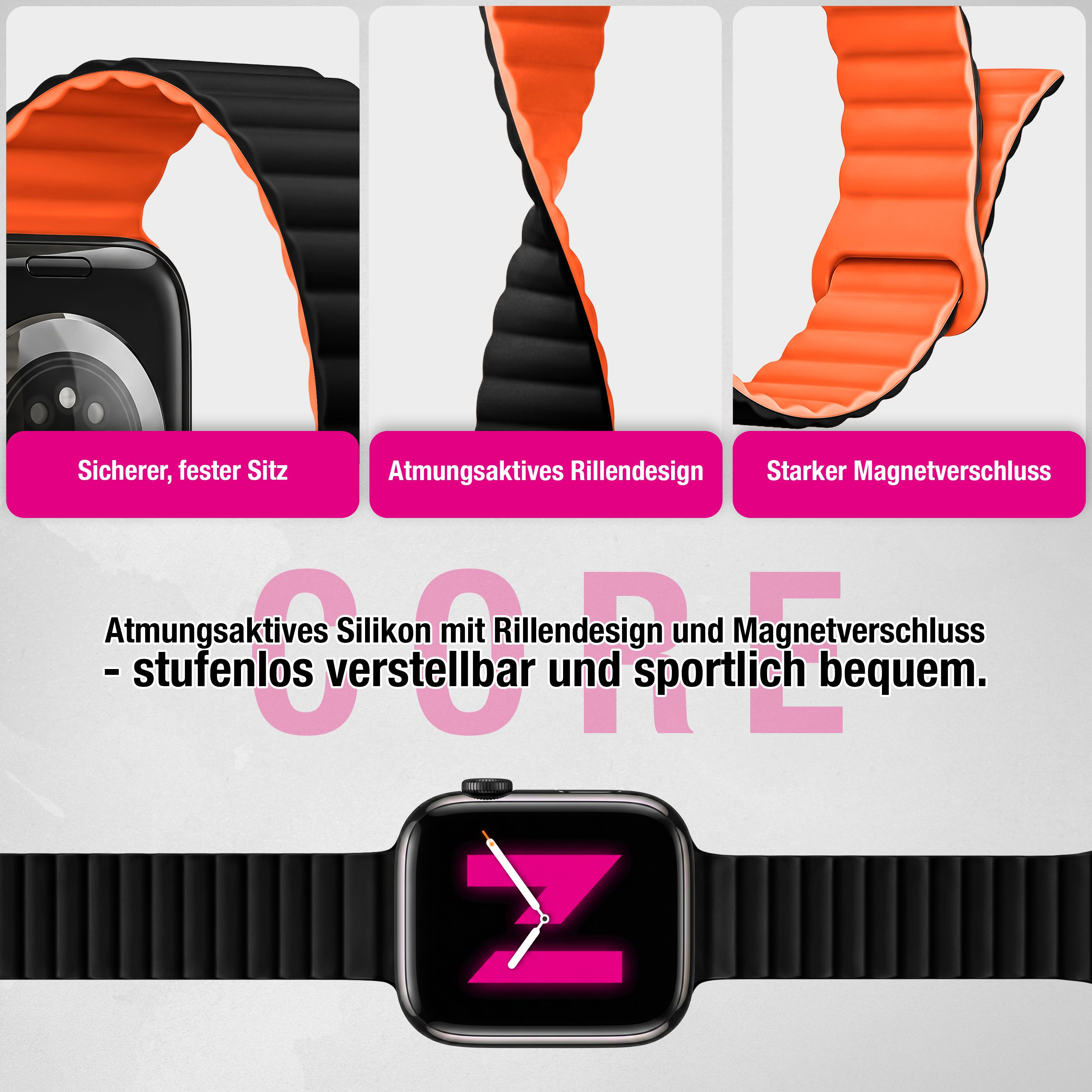 Schwarzes und oranges Silikonarmband mit Rillendesign und Magnetverschluss für Smartwatches.