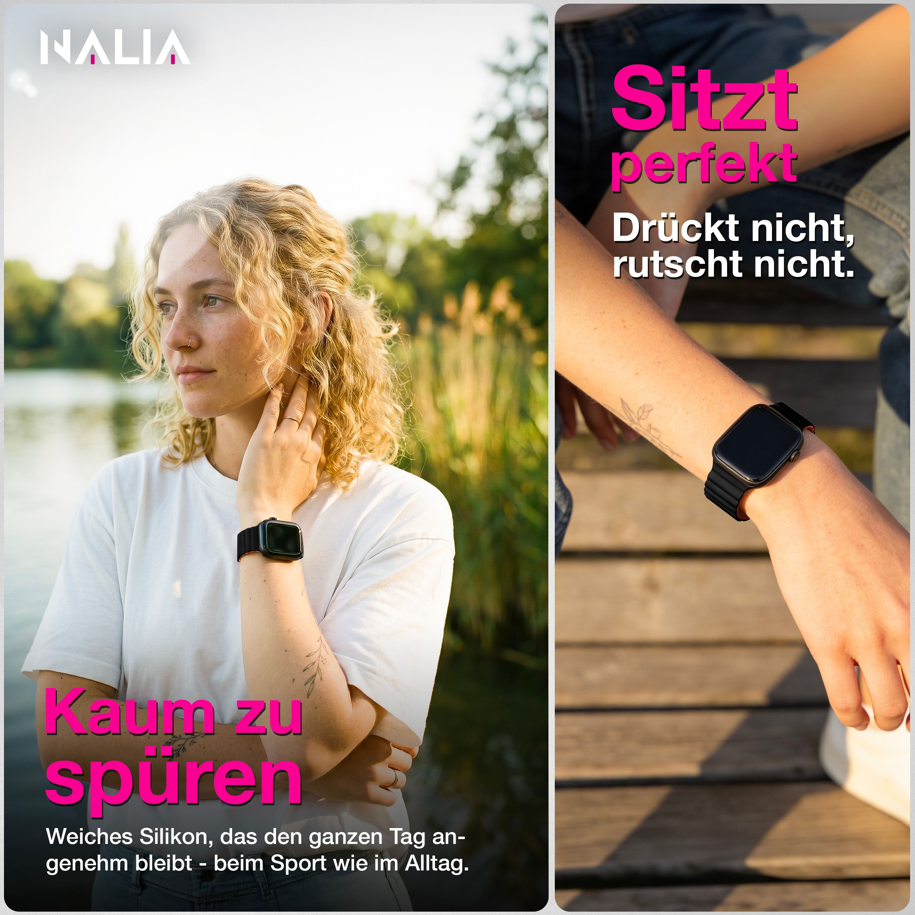 Eine Frau mit lockigem Haar trägt eine schwarze Smartwatch am Handgelenk vor einer Outdoor-Kulisse.