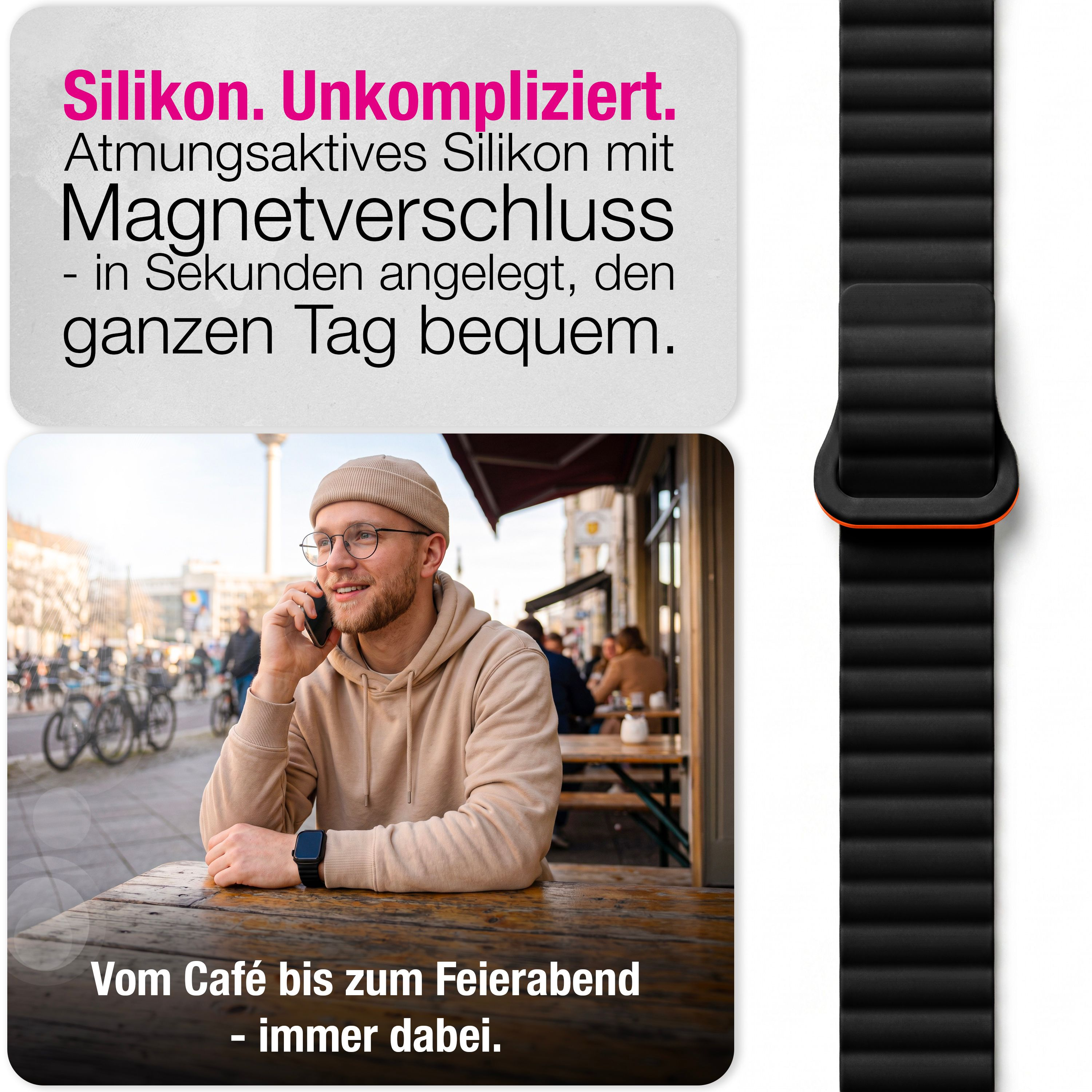 Ein Mann telefoniert an einem Straßencafé, daneben ist ein schwarzes Silikonarmband mit Magnetverschluss zu sehen.