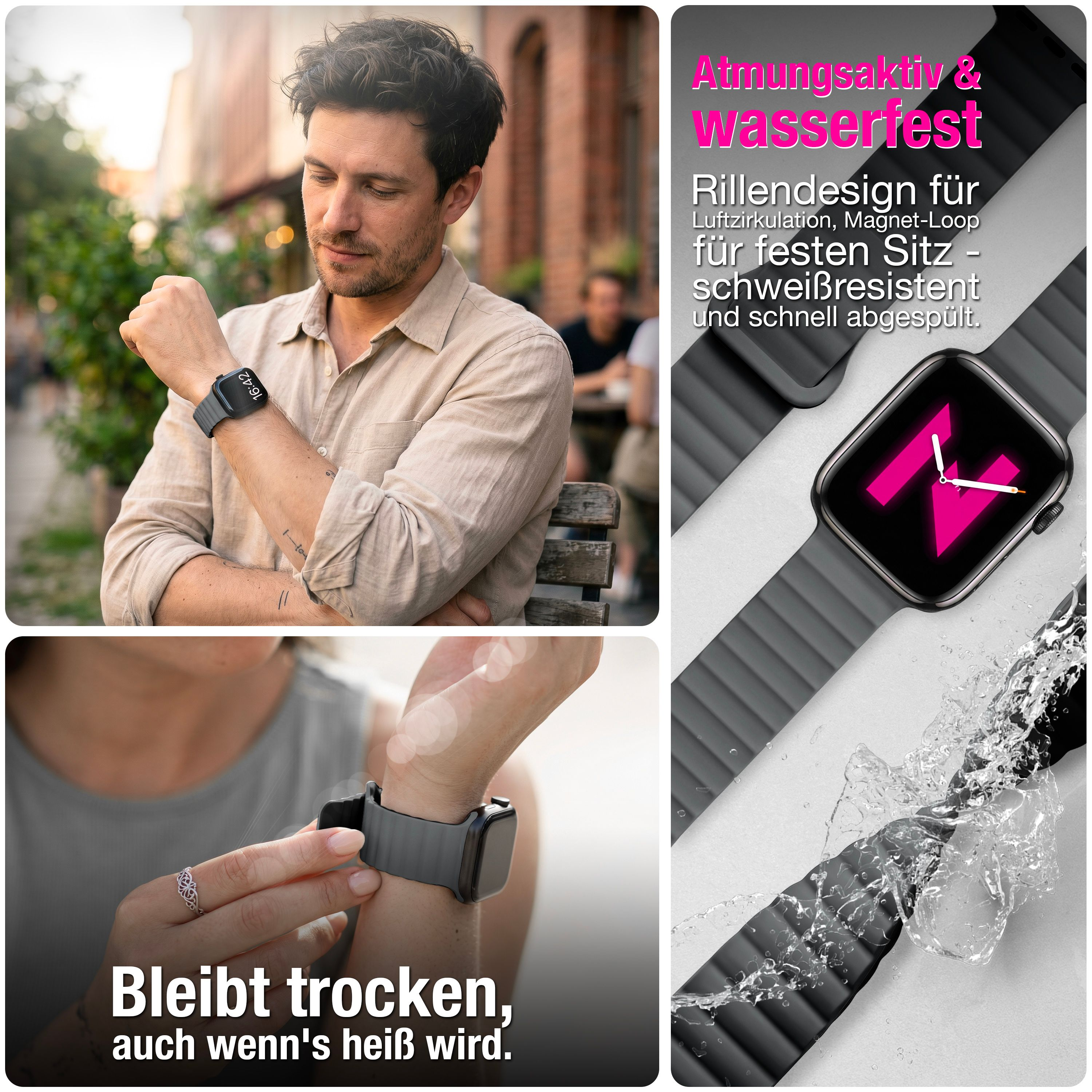 Ein Mann und eine Frau tragen eine Smartwatch mit geripptem schwarzem Armband, mit Werbetext.