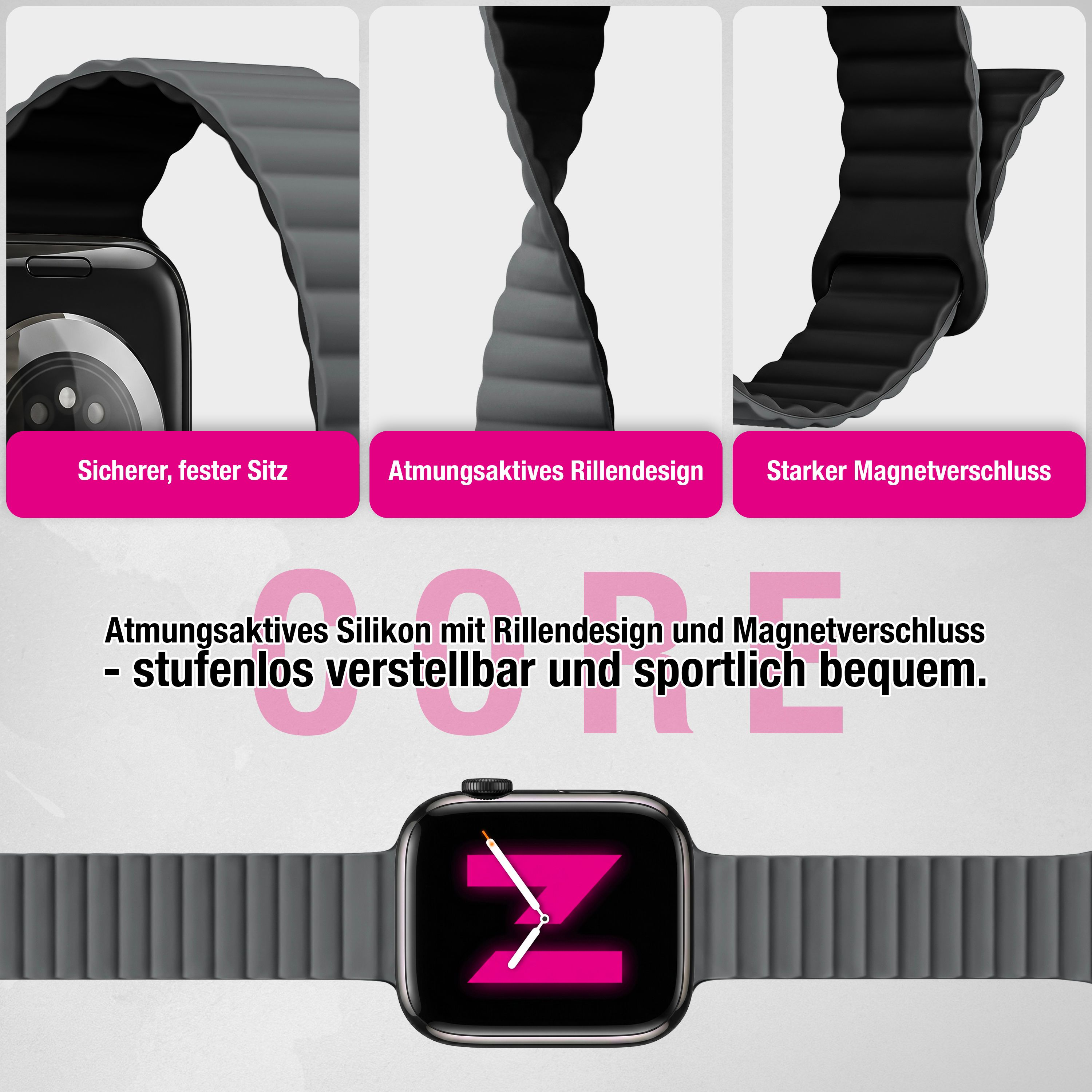 Drei Nahaufnahmen eines grauen Silikon-Smartwatch-Armbands mit Rillen und Magnetverschluss sowie eine Smartwatch.
