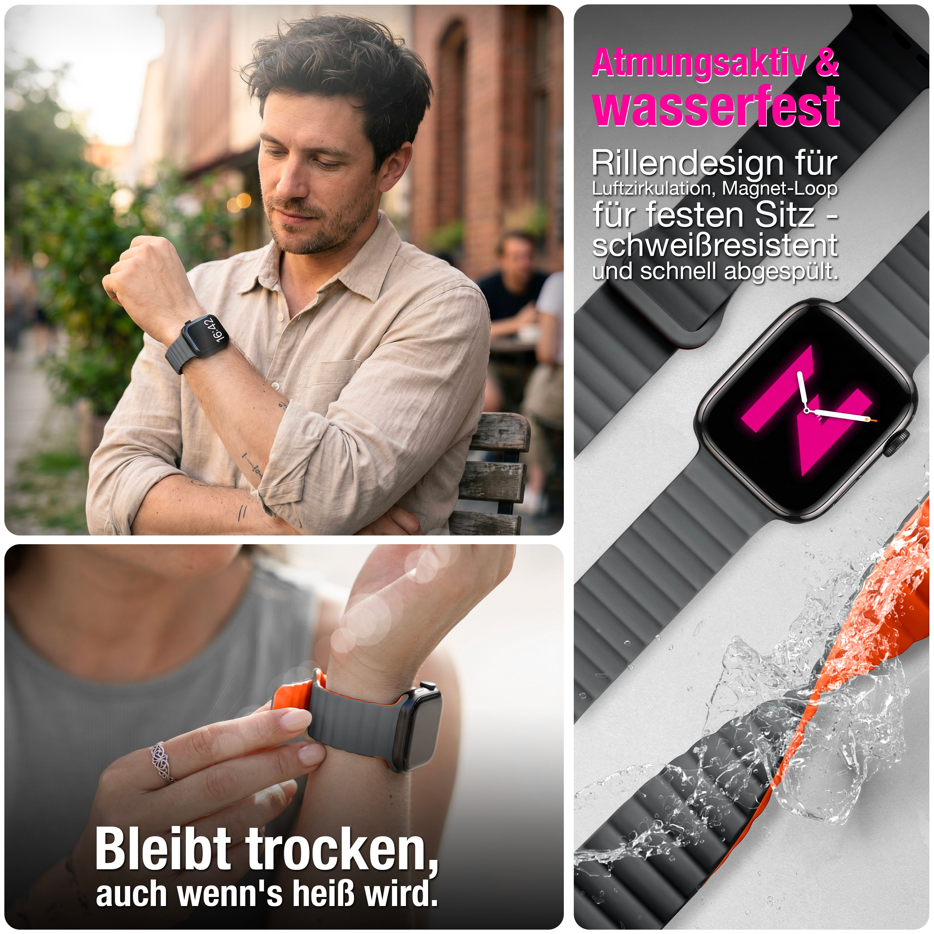 Modische Smartwatch mit grauem, atmungsaktivem Silikonarmband an verschiedenen Handgelenken, mit Text.