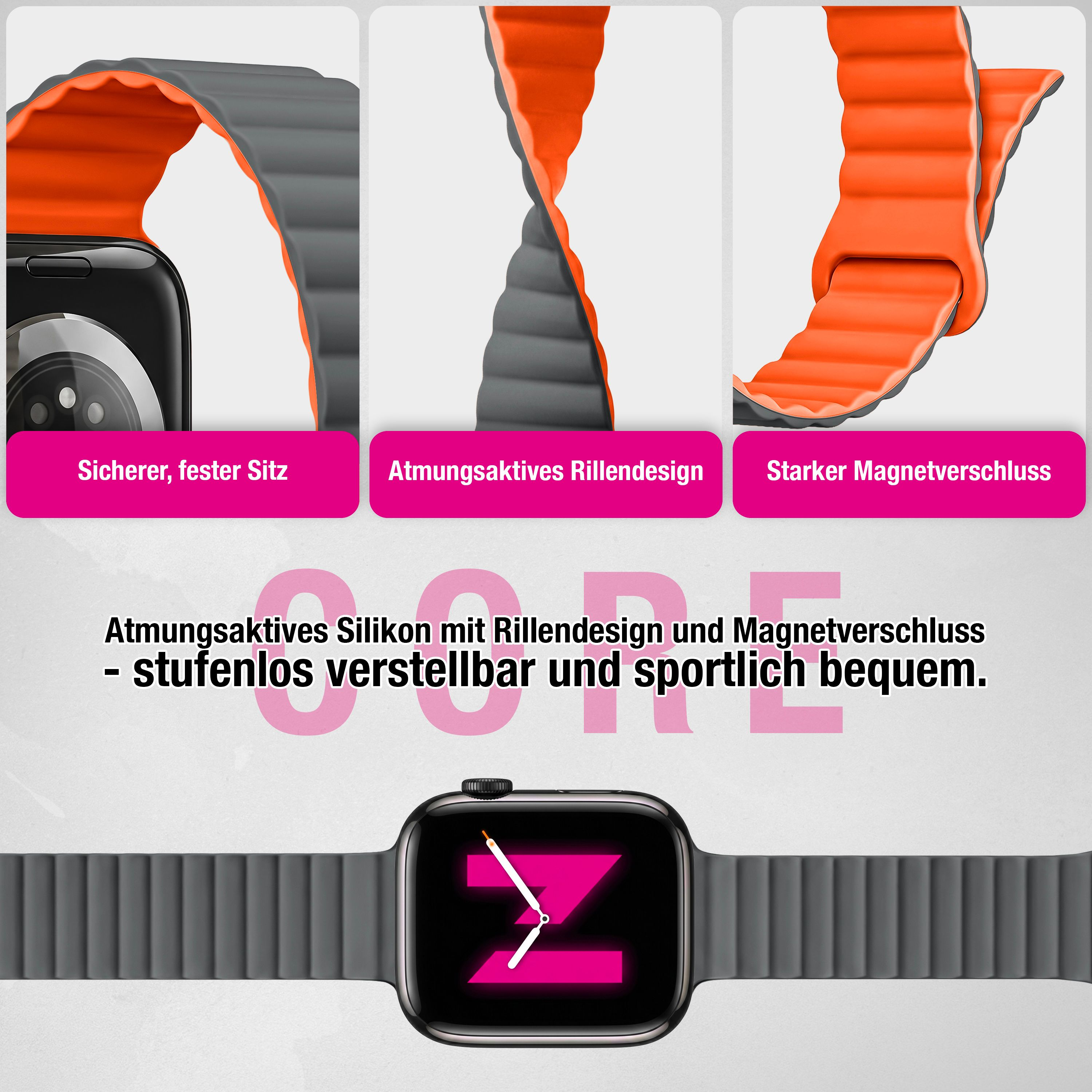 Grau-oranger Silikonarmband mit Rillendesign und Magnetverschluss für Smartwatch.