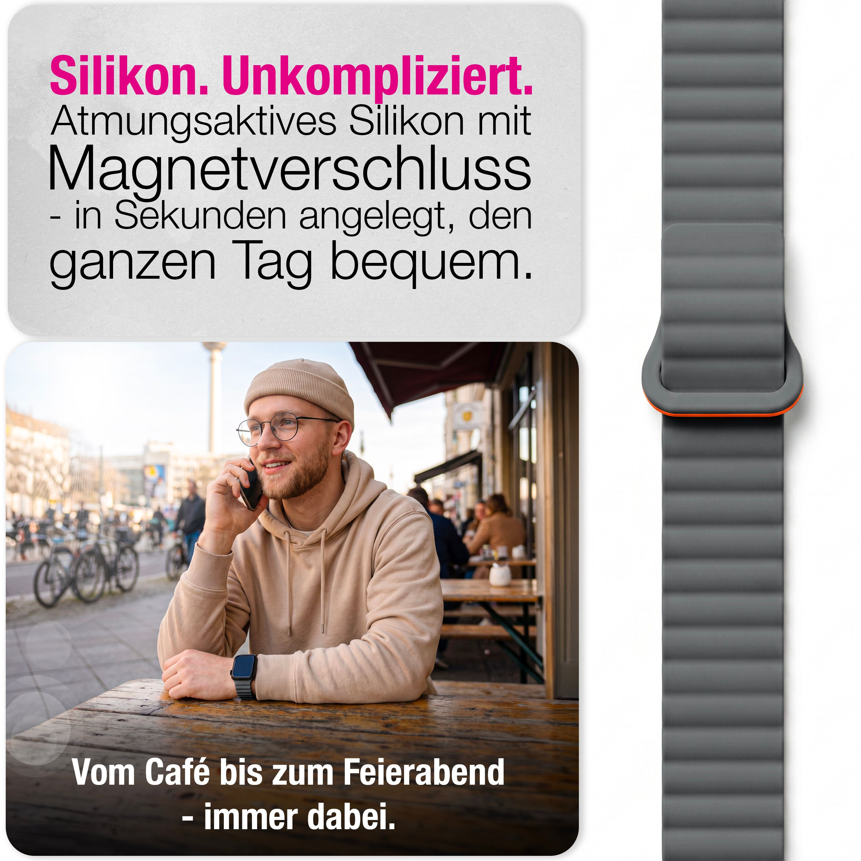 Ein Mann sitzt in einem Café, telefoniert und trägt eine Smartwatch mit grauem Silikonarmband.