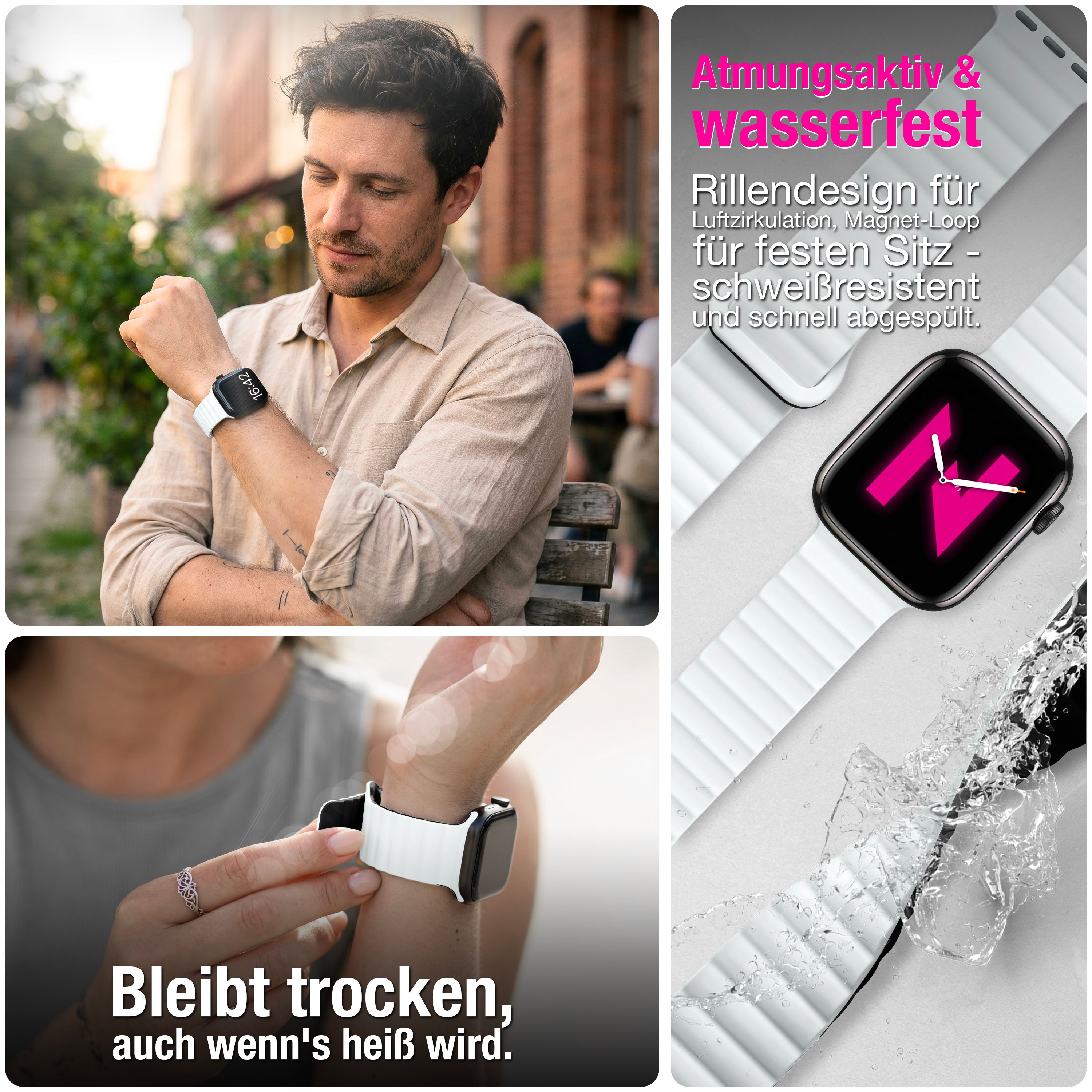 Moderne Smartwatch mit weißem Silikonarmband, wasserfest und atmungsaktiv für den täglichen Gebrauch.