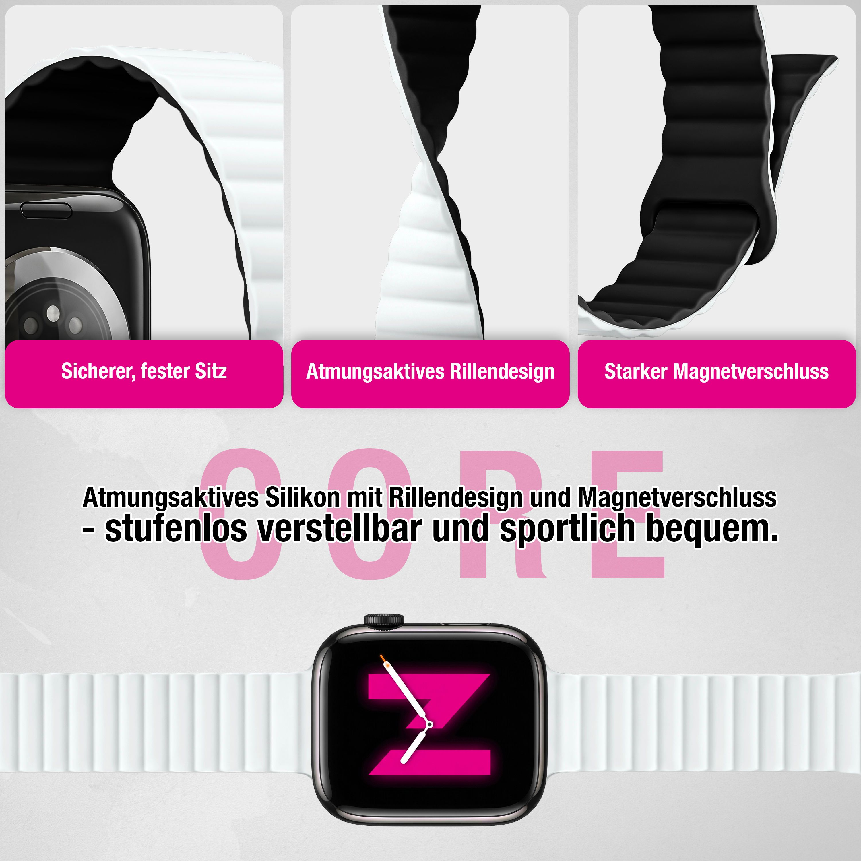 Werbebild für ein weiß-schwarzes Silikon-Smartwatch-Armband mit Rillendesign und Magnetverschluss.