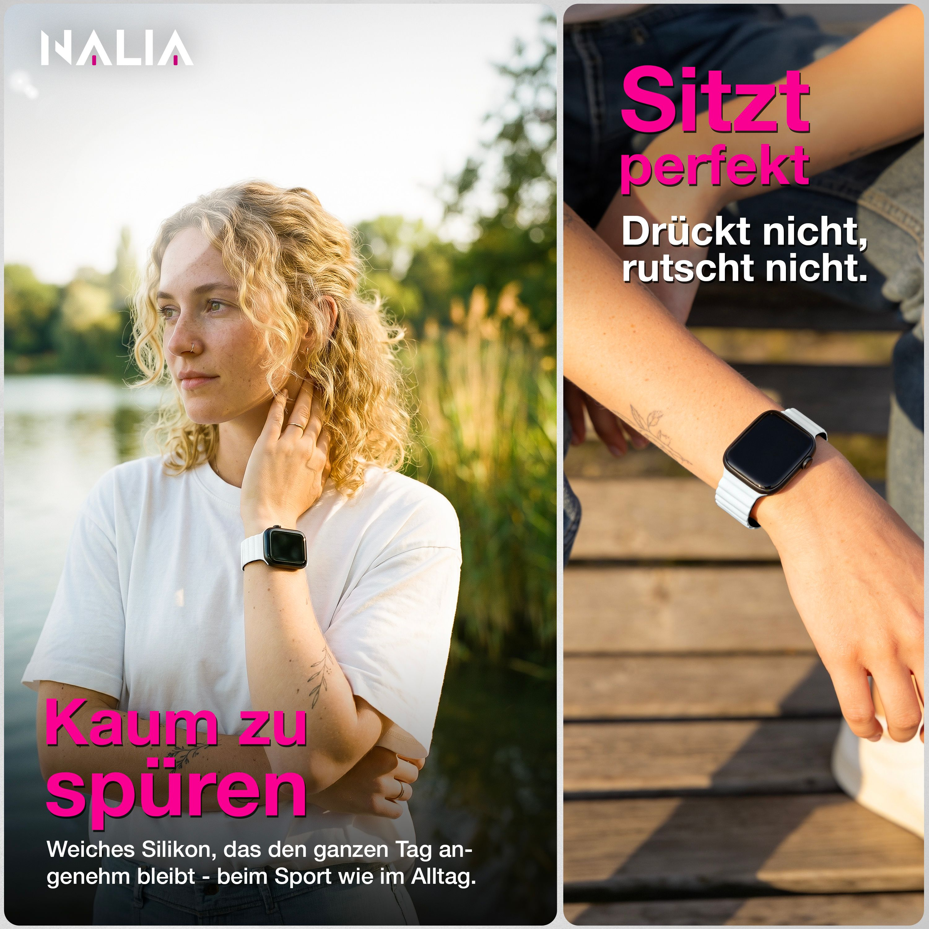Frau mit blonden Haaren trägt eine Smartwatch mit weißem Armband am Handgelenk in der Natur.