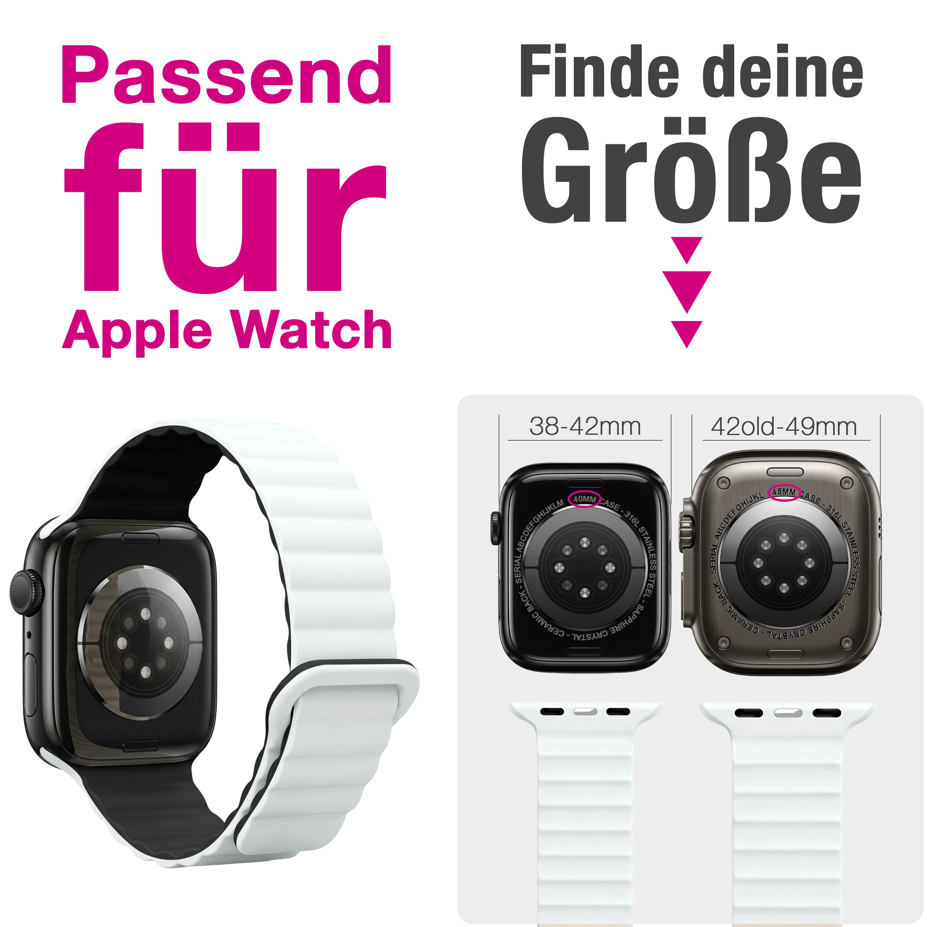 Grössenvergleich für Apple Watch Bänder mit 38-42mm und 42old-49mm Gehäusen.