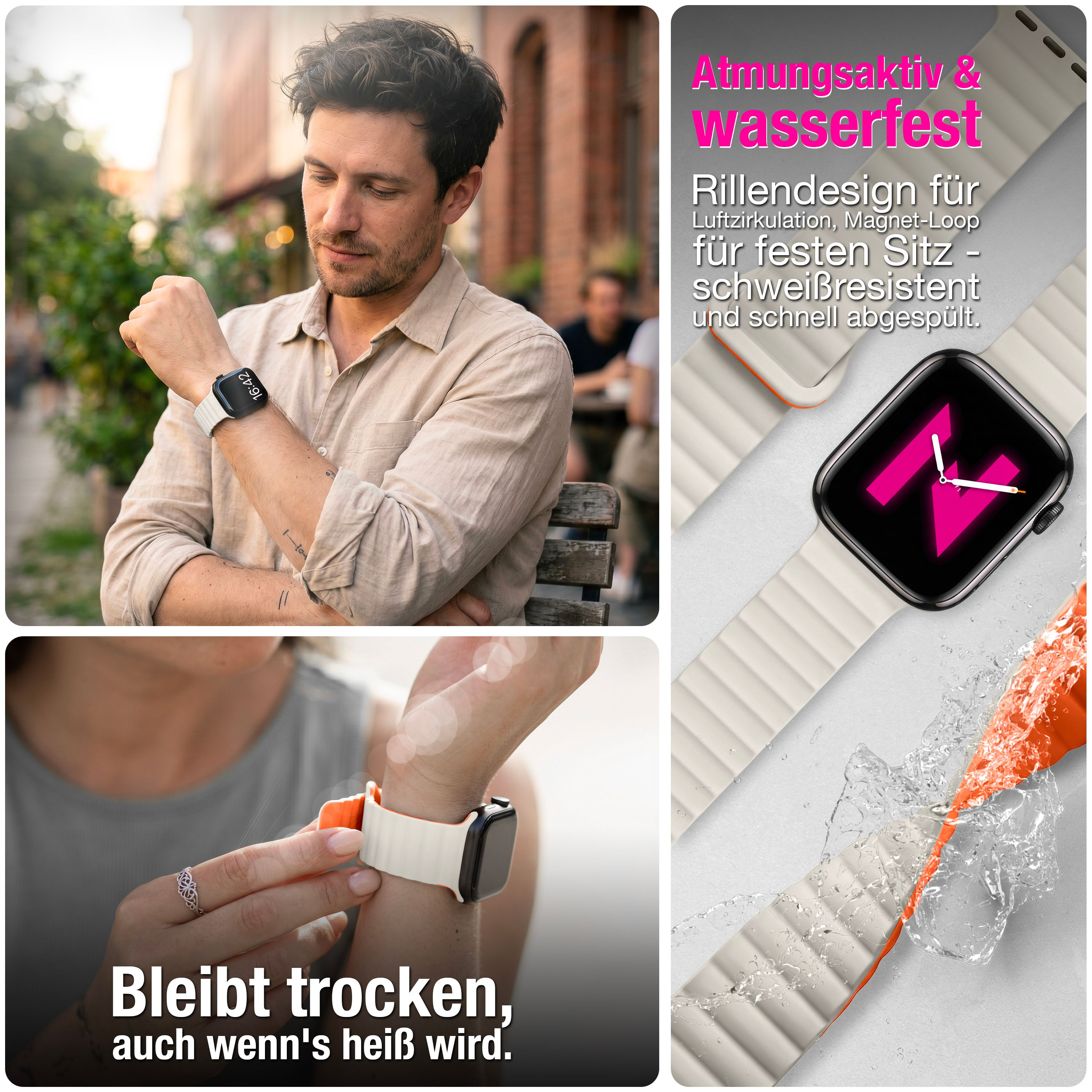 Mann und Frau tragen eine atmungsaktive, wasserfeste Smartwatch mit Rillendesign und Magnet-Loop in Weiß.