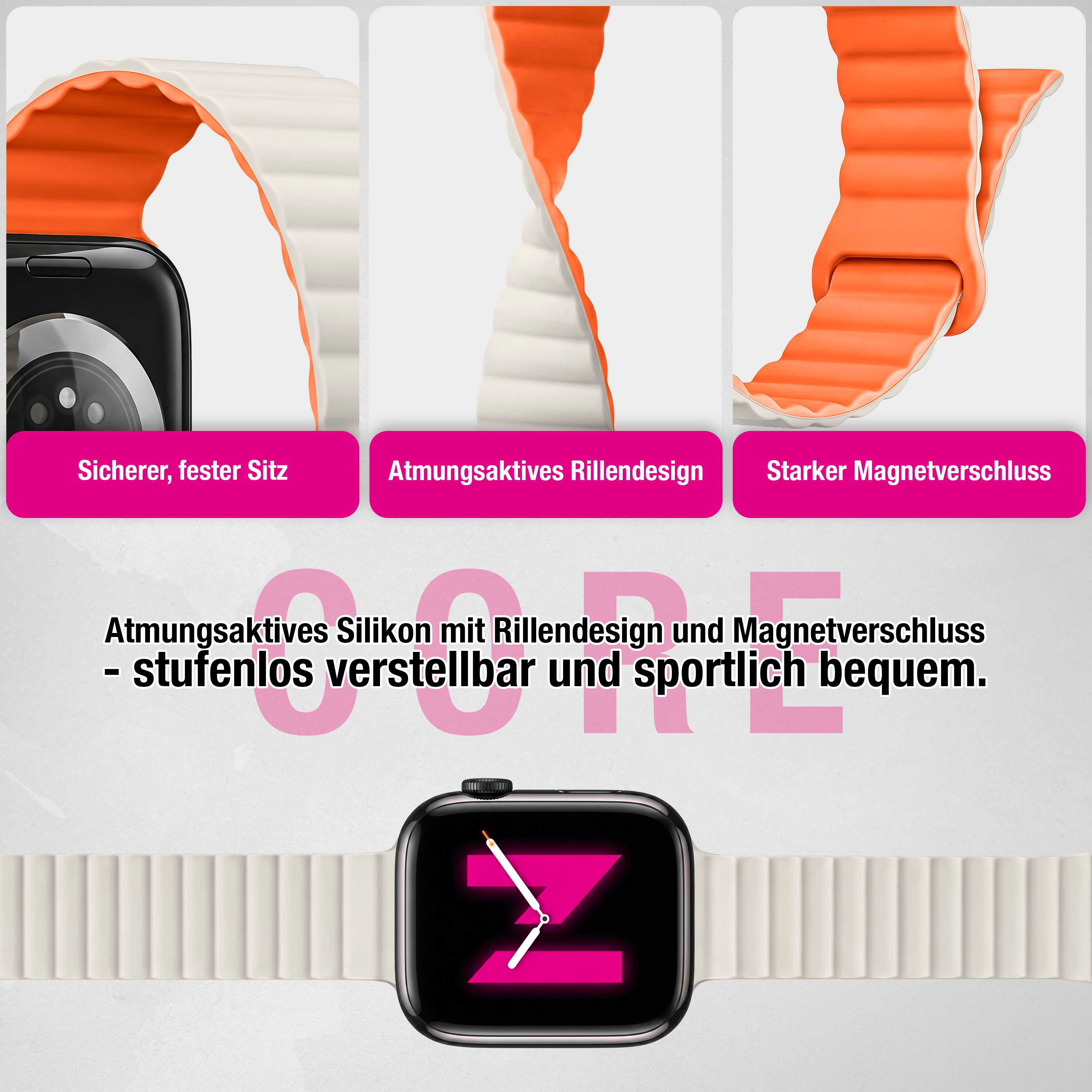 Präsentation eines weißen und orangefarbenen Silikon-Smartwatch-Armbands mit Magnetverschluss und Rillendesign.