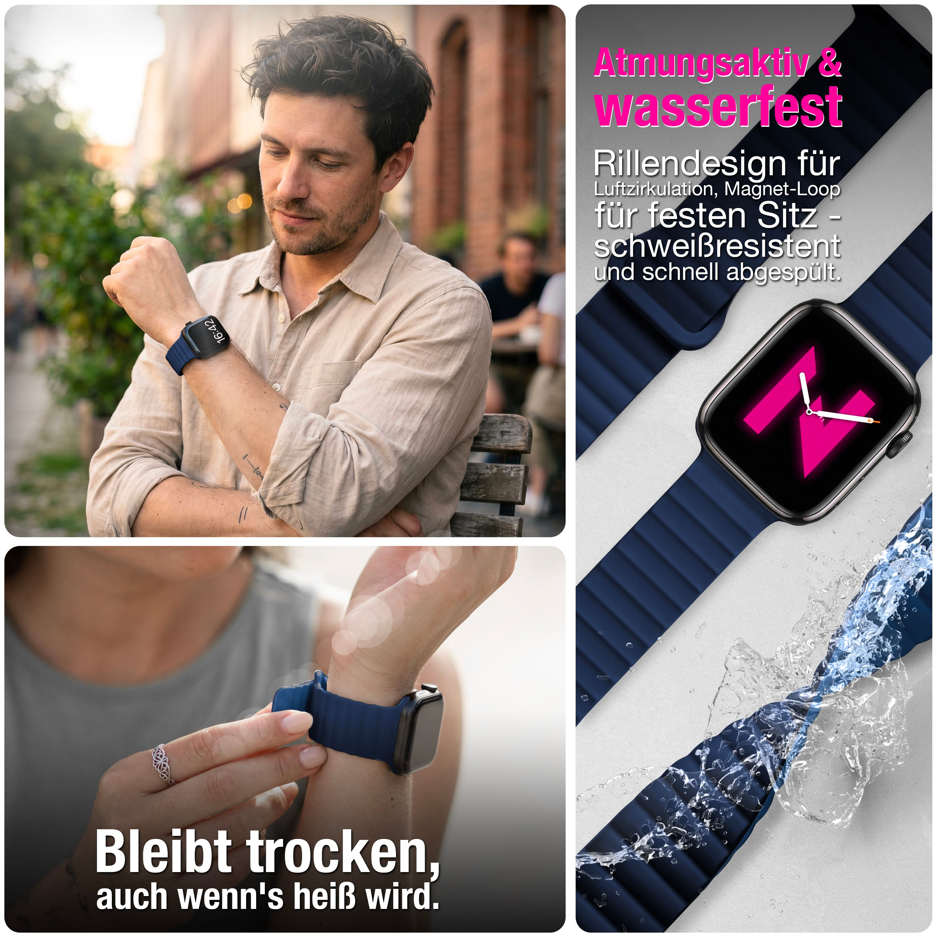 Ein Mann und eine Frau tragen eine blaue Smartwatch, dazu deutscher Werbetext und Wasserspritzer.