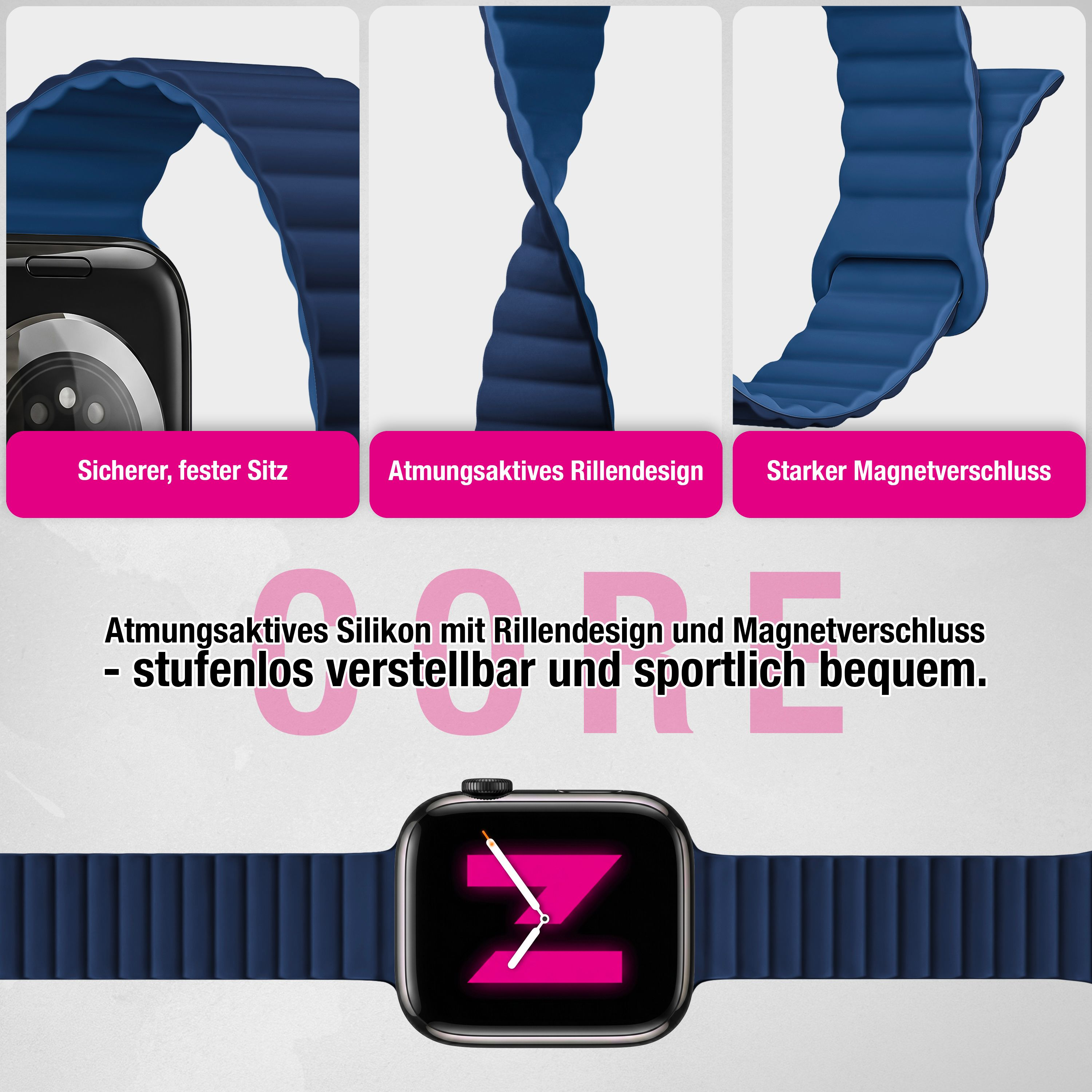Blaue Silikon-Smartwatch-Armbänder mit Rillendesign und Magnetverschluss in Detailaufnahmen.
