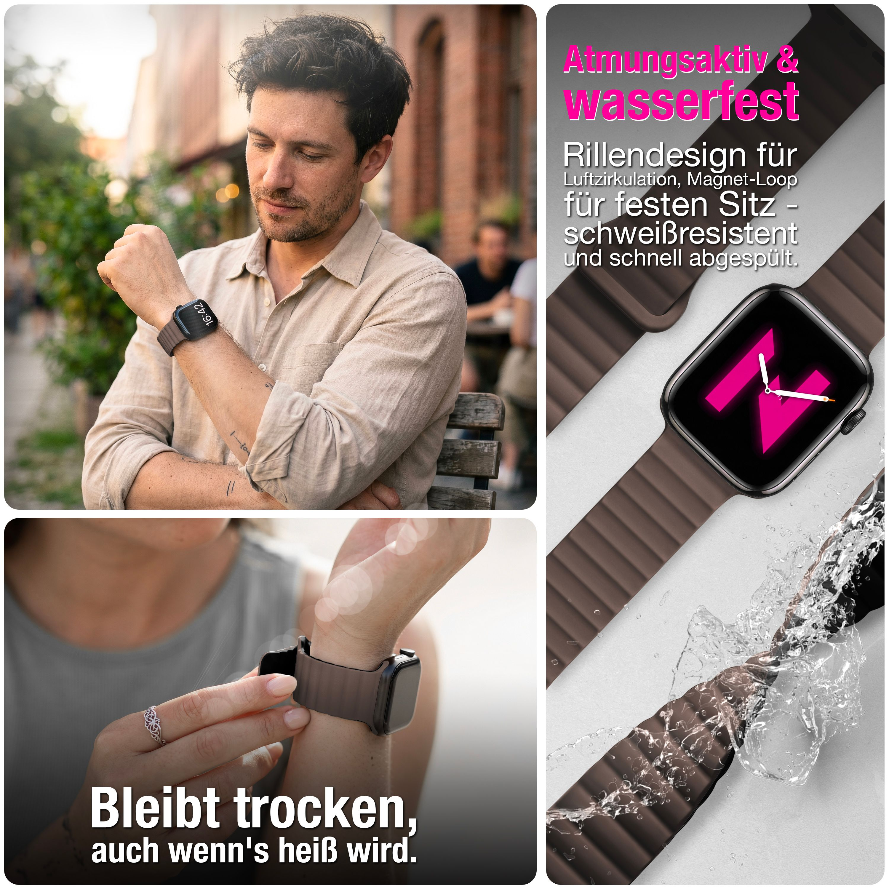 Modische braune Smartwatch mit Rillendesign am Arm, wasserfest und atmungsaktiv für den Alltag.