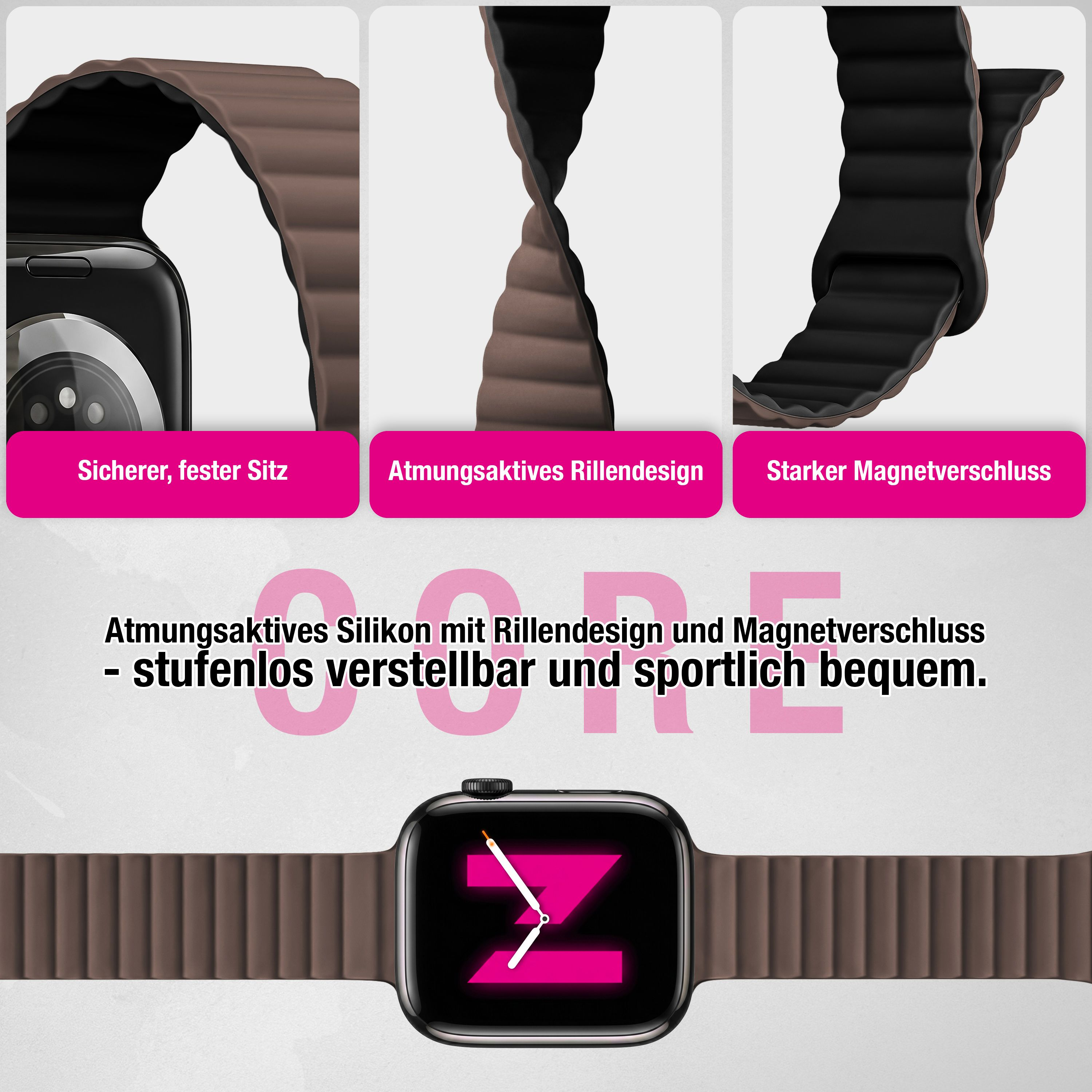 Braunes Silikonarmband mit Rillendesign, Magnetverschluss und Smartwatch auf hellem Hintergrund.